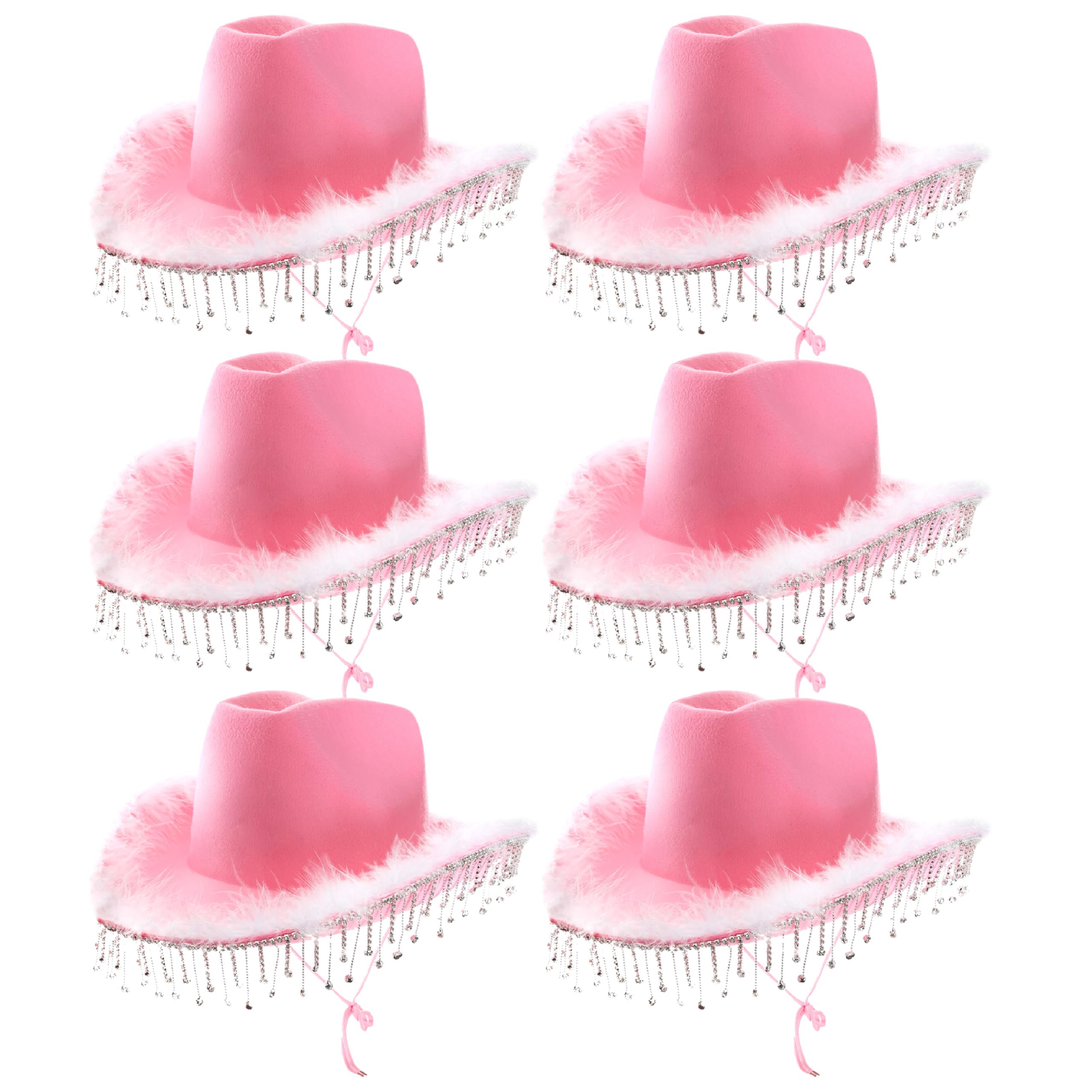 Adults Diamant√à & Marabou Cowgirl Hat - Pack of 6 - Pink Felt Cowboy Hat with Marabou Trim and Diamant√à Detailling - Adults Feather Trim Glitter Bling Cowgirl Hat Western Party Fancy Dress Accessory