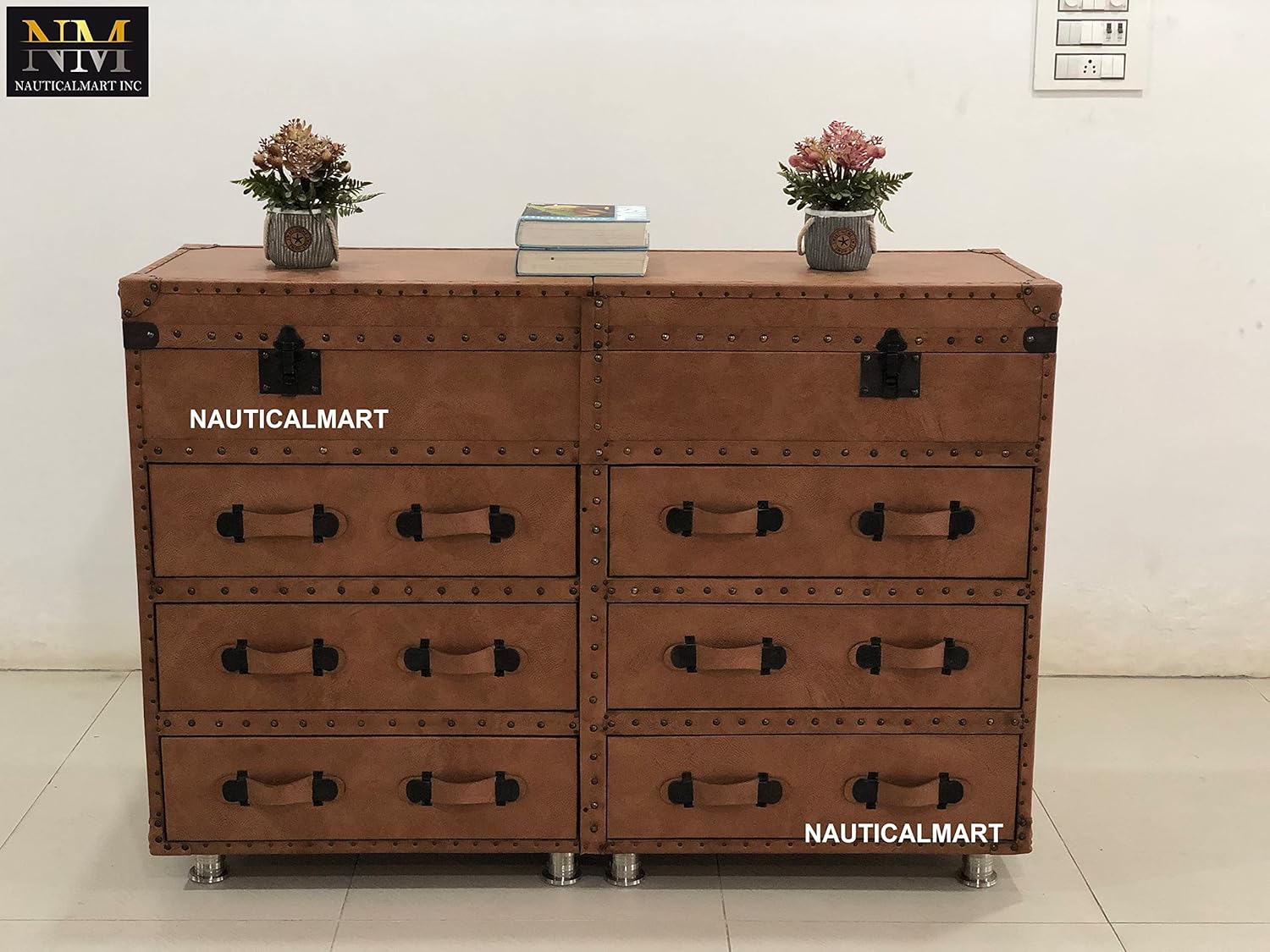NauticalMart Mayfair Steamer Trunk 6-Drawer Double Chest - Vintage