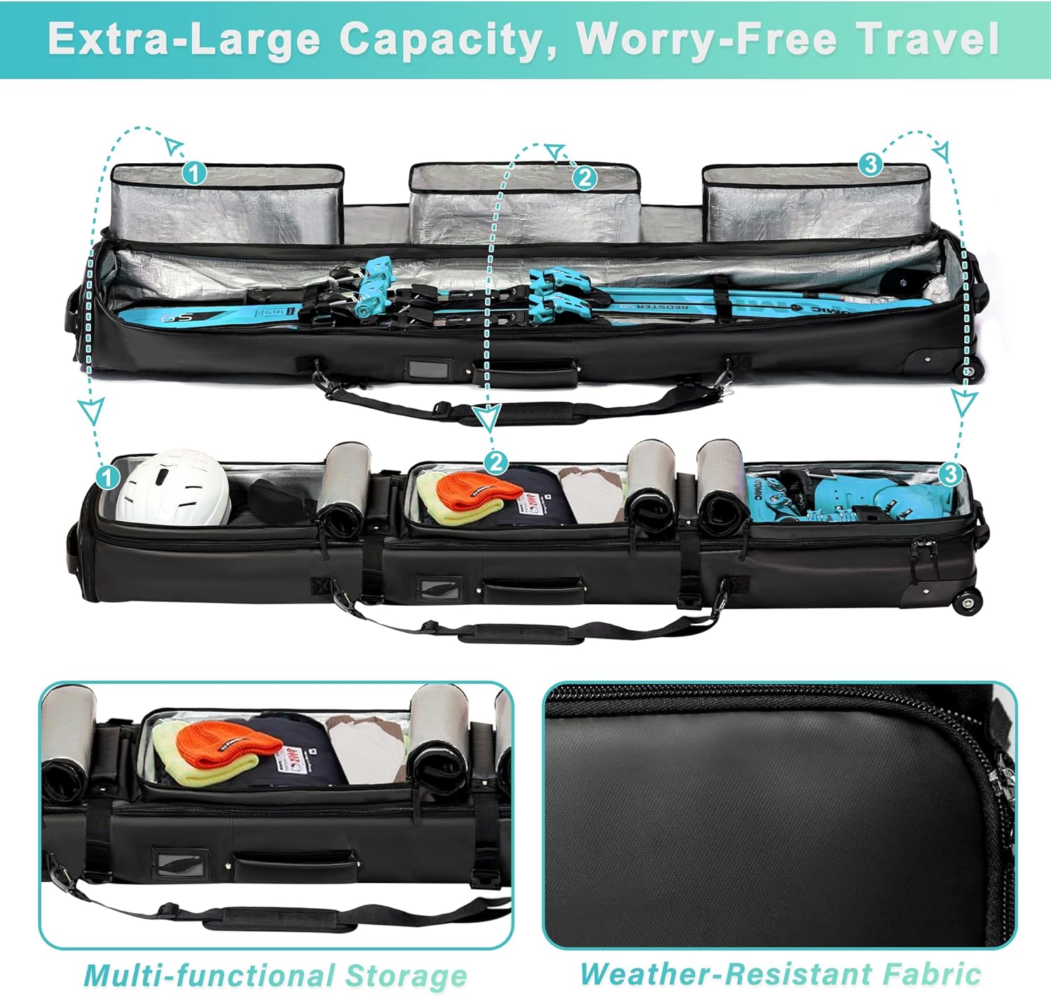 Ski Bag with Wheels, Extendable Snowboard Bag, Waterproof 900D Ski Bags for Air Travel, Padded Snowboard Bag with Backpack & Shoulder Strap