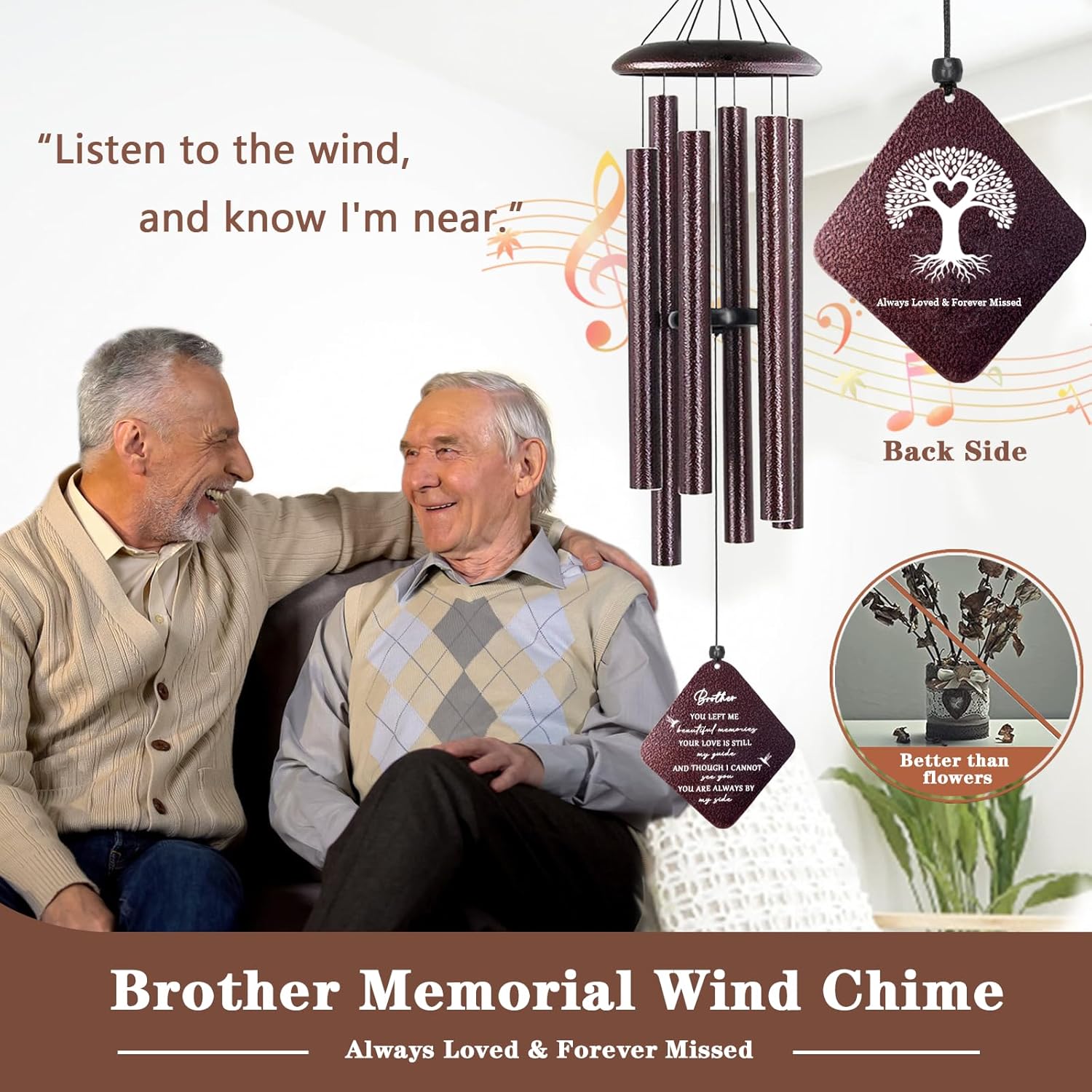 Memorial Gifts for Loss of Brother, 32" Sympathy Wind Chimes for Loss of Brother, Bereavement Gifts Loss of Brother, Loss of Brother Sympathy Gifts, Windchimes in Memory of Brother (Bronze) - Image 2
