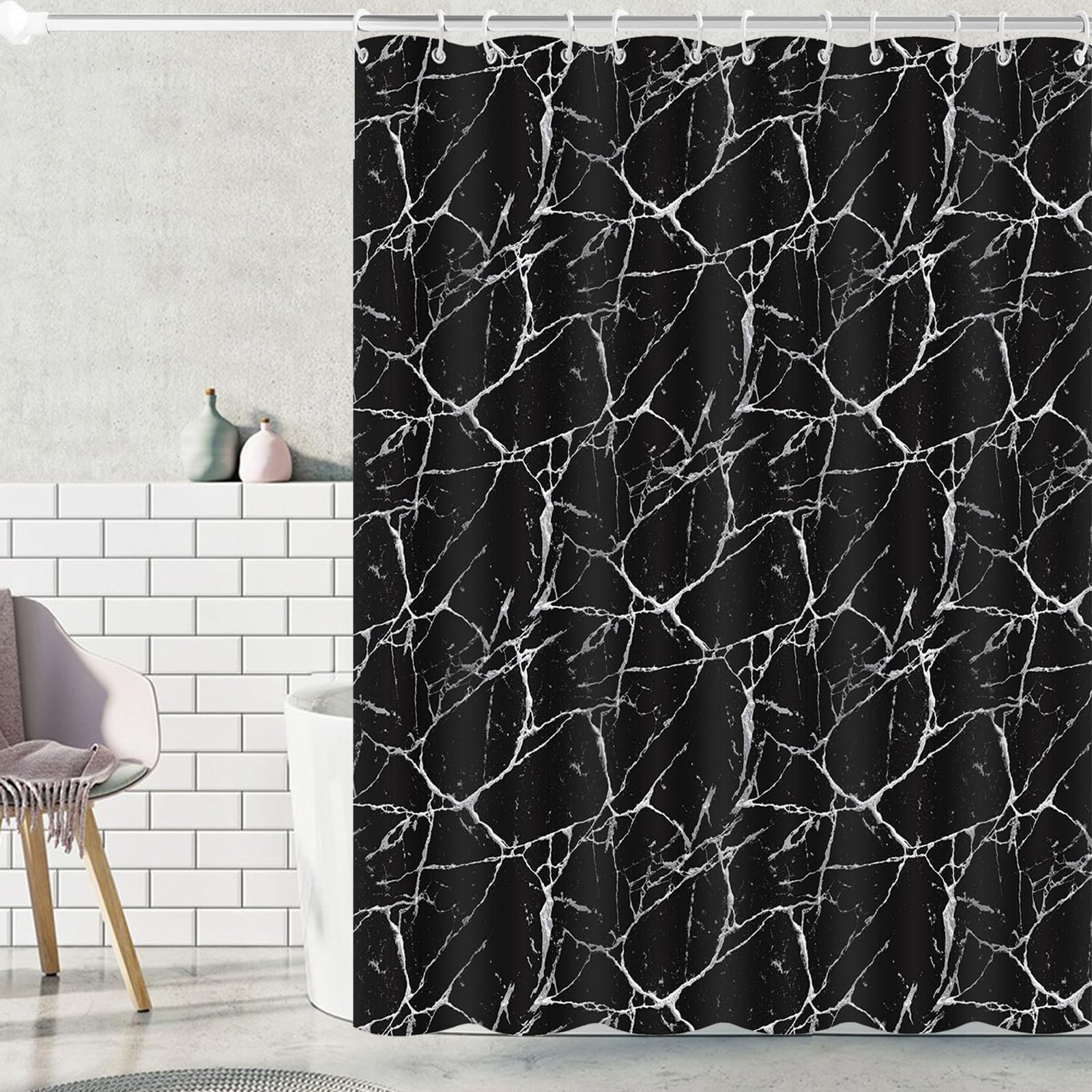BANLMEYD Black Shower Curtain, 180x180cm Shower Curtains Mould Proof Resistant Premium PEVA Waterproof Shower Curtain for Wet Rooms, Shower, Bath, Black Marble