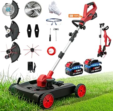 4-in-1 Cordless Lawn Mower, Weed Eater and Edger Combo, Adjustable Height & Angle, Electric String Trimmer with Wheels Grass Trimmer for Garden Yard 2x4.0Ah Battery & Charger Included