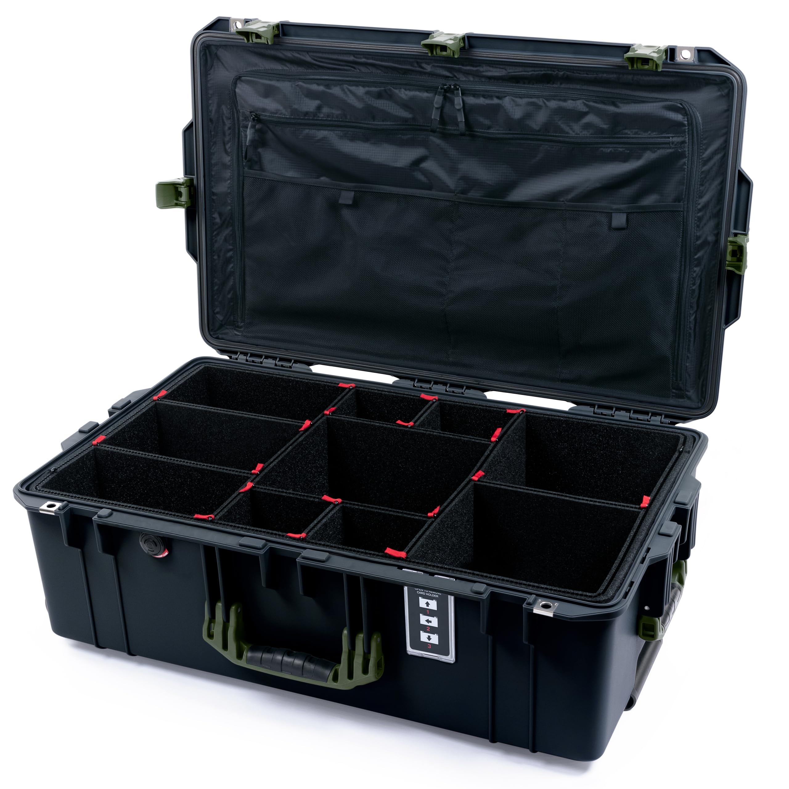 ColorCase Pelican 1595 Case Black - Large Sized Waterproof Case with TrekPak Divider System & Combo Pouch Lid Organizer- OD Green Handles & Latches