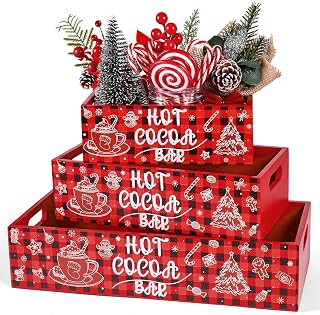 Dlerom 3 Pcs Christmas Hot Cocoa Bar Wood Storage Box Rustic Farmhouse Wooden Storage Bins Decorative Wooden Basket Holder Xmas Wood Crate Organizer for Home Kitchen Office Farmhouse Gift