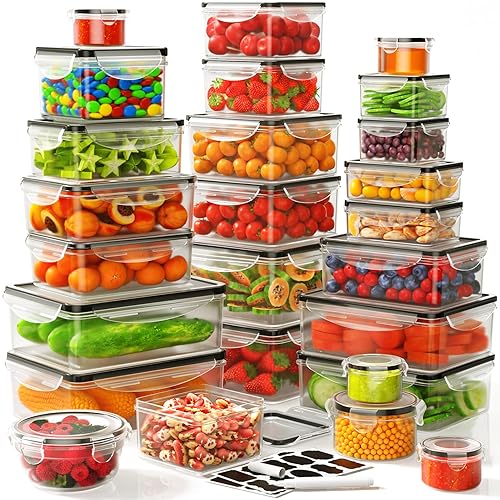 52 PCS Food Storage Containers Set with Airtight Lids (26 Lids &26 Containers) - BPA-Free Plastic Food Container for Kitchen Storage Organization, Salad Fruit Lunch Containers with Labels & Marker - 26 Pack