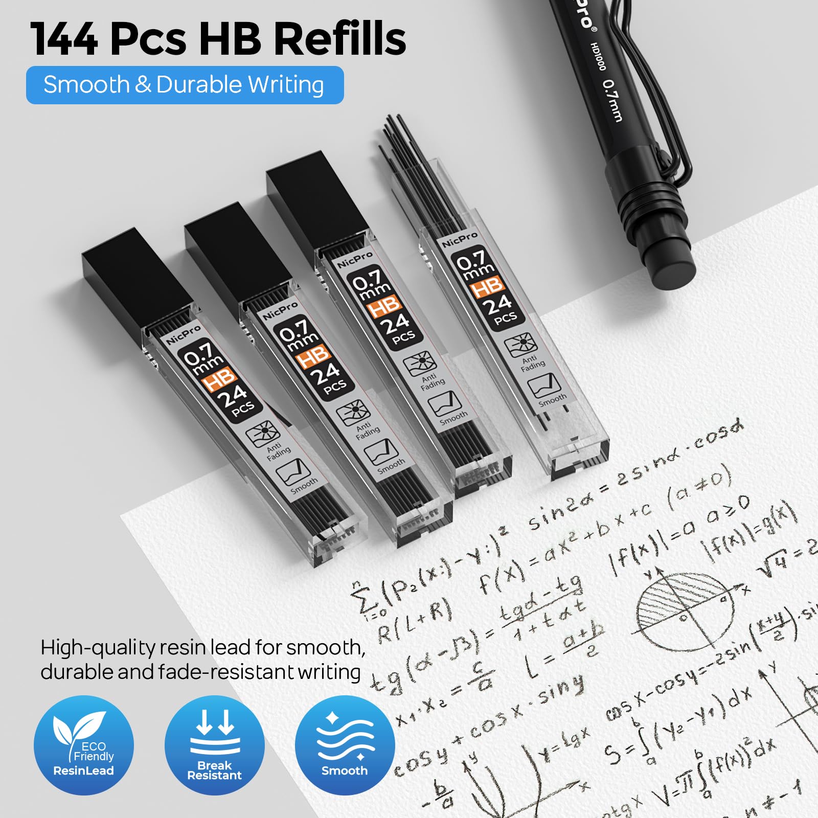 Nicpro Lot de 3 porte-mines en métal HD1000 de 0,7 mm avec 6 tubes de recharge HB, gomme, corps résistant aux intempéries pour l'écriture, le dessin, l'esquisse