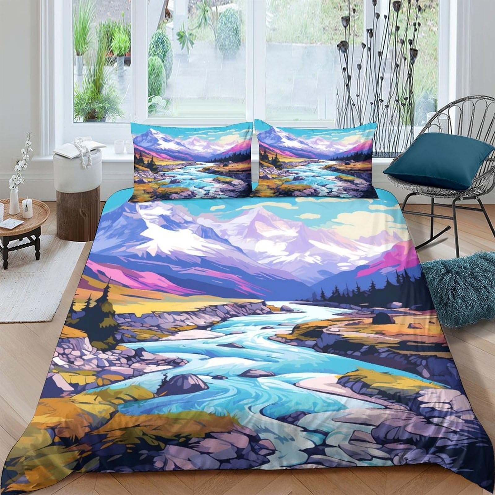 Ctjqhvkz Style-7 3D Printed Mountain River Fitted Sheet Microfiber Soft Scenic Landscape Bed Cover For Bedroom Guest Room Mattress Decor Single（135X200cm）