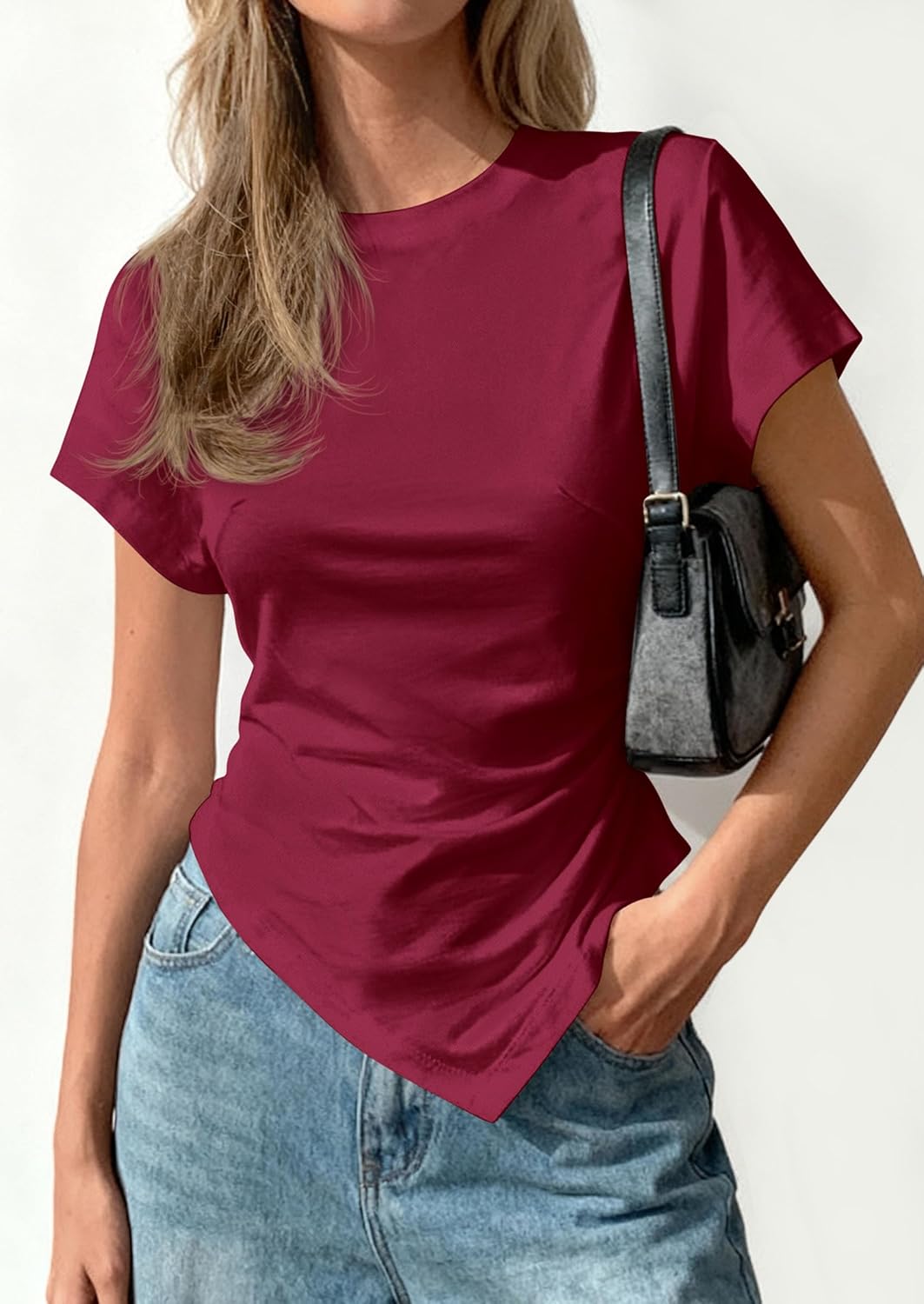 PRETTYGARDEN Womens Asymmetrical Tops 2026 Spring Summer Going Out Shirts Y2K Short Sleeve Crew Neck Ruched Trendy Clothes - Image 6