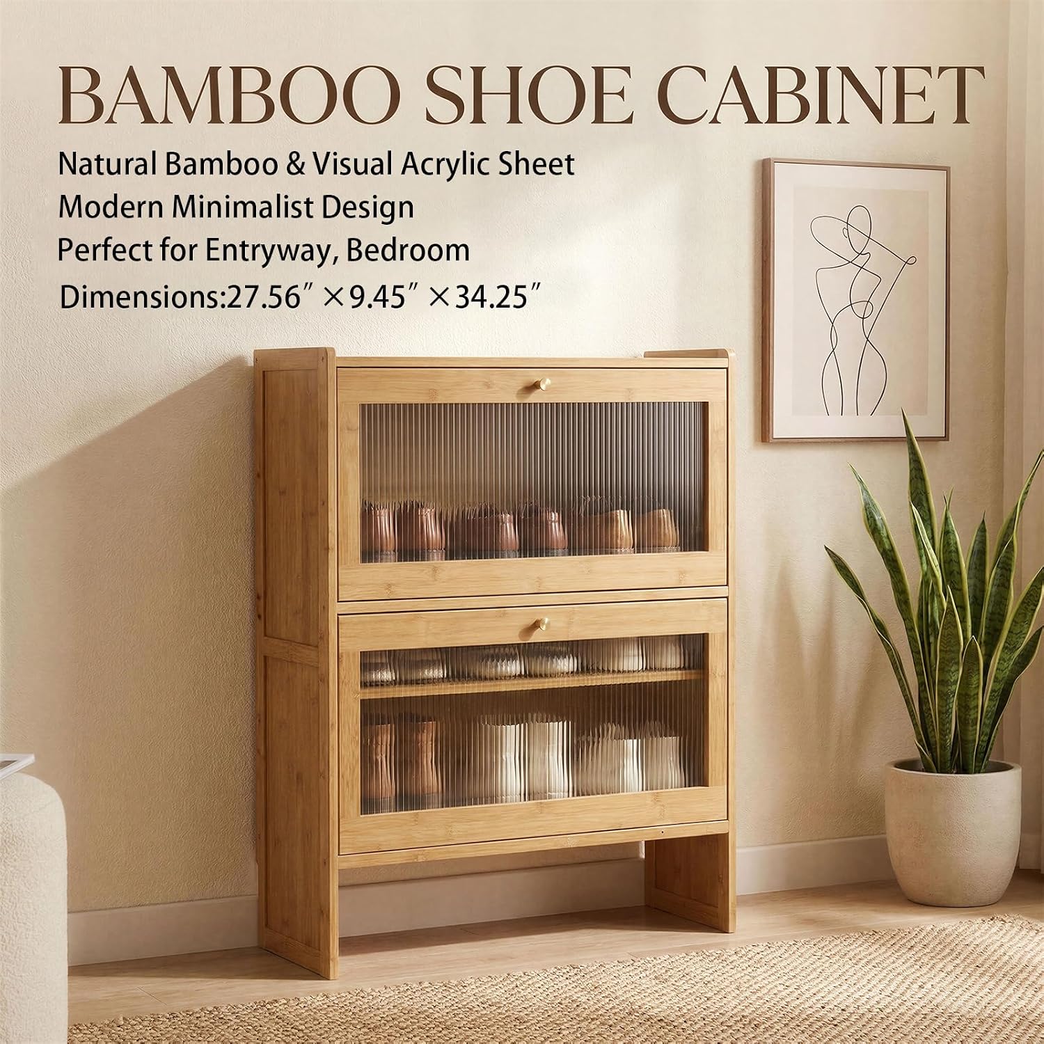 Bamboo Shoe Cabinet, Freestanding Shoe Rack Organizer, Narrow Shoe Storage Cabinet with 2 Flip Drawers, Slim Hidden Shoe Organizer Cabinet for Entryway Hallwa (2 Tier- Natural)