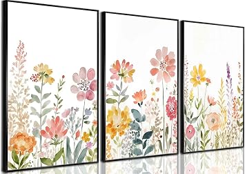 3Pcs Wildflower watercolor Bouquet Canvas Wall Art Boho Nursery Botanical Floral Wall Decor Pictures Forest Flower Posters Prints for Living Room Classroom Bedroom Decoration Unframed
