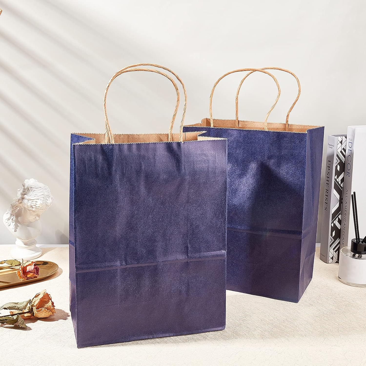 BENECREAT 30 Pack Dark Blue Kraft Paper Bags with Handle 8x4x10.5, Shopping Party Favor Bags for Birthday Wedding Party, Team Gift Packaging