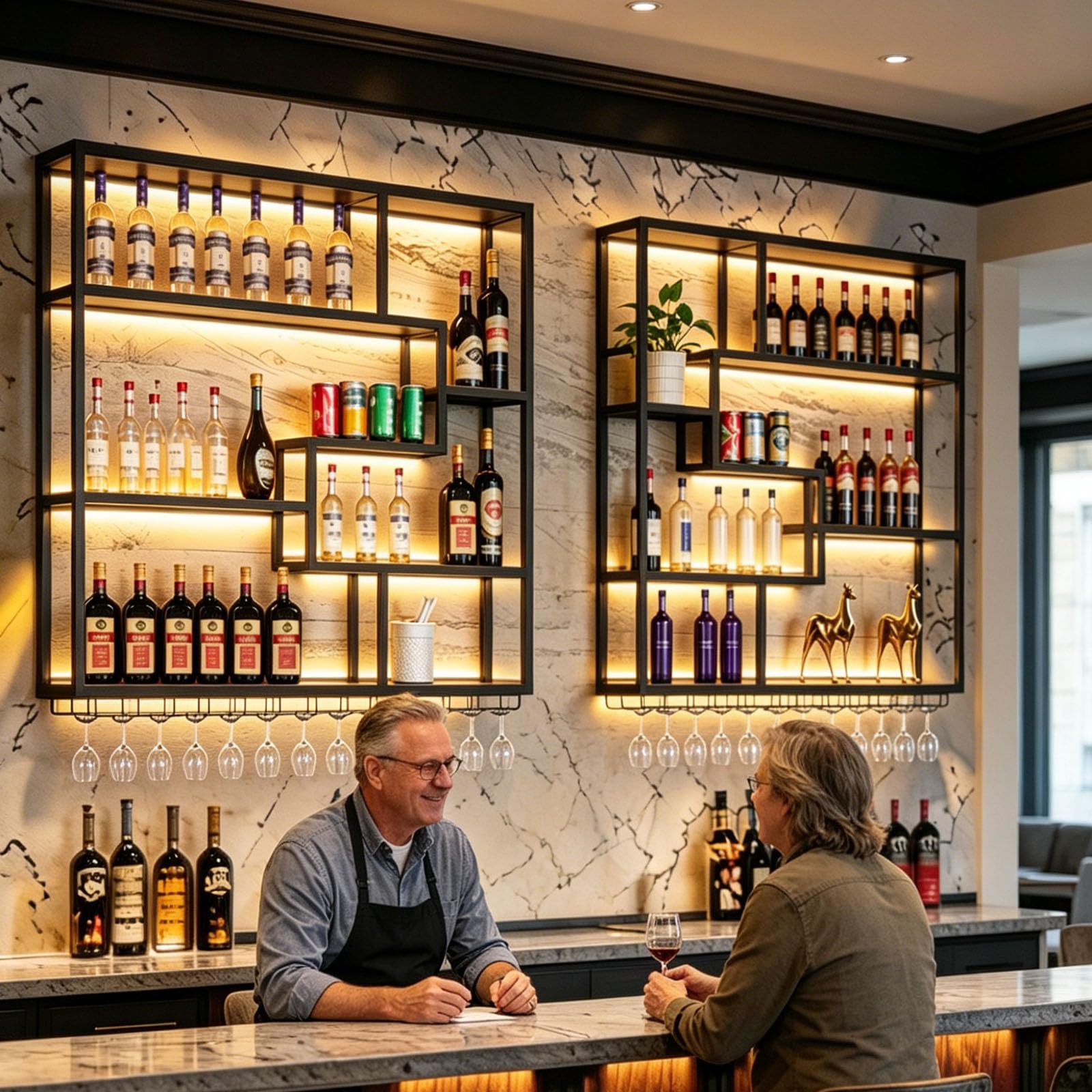 200CM Botellero Pared Vino Negro 200cm con LED y Portacopas | De hierro y madera estilo industrial. Gran capacidad, módulos combinables. Incluye tira LED. Ideal para bar, cocina y comedor