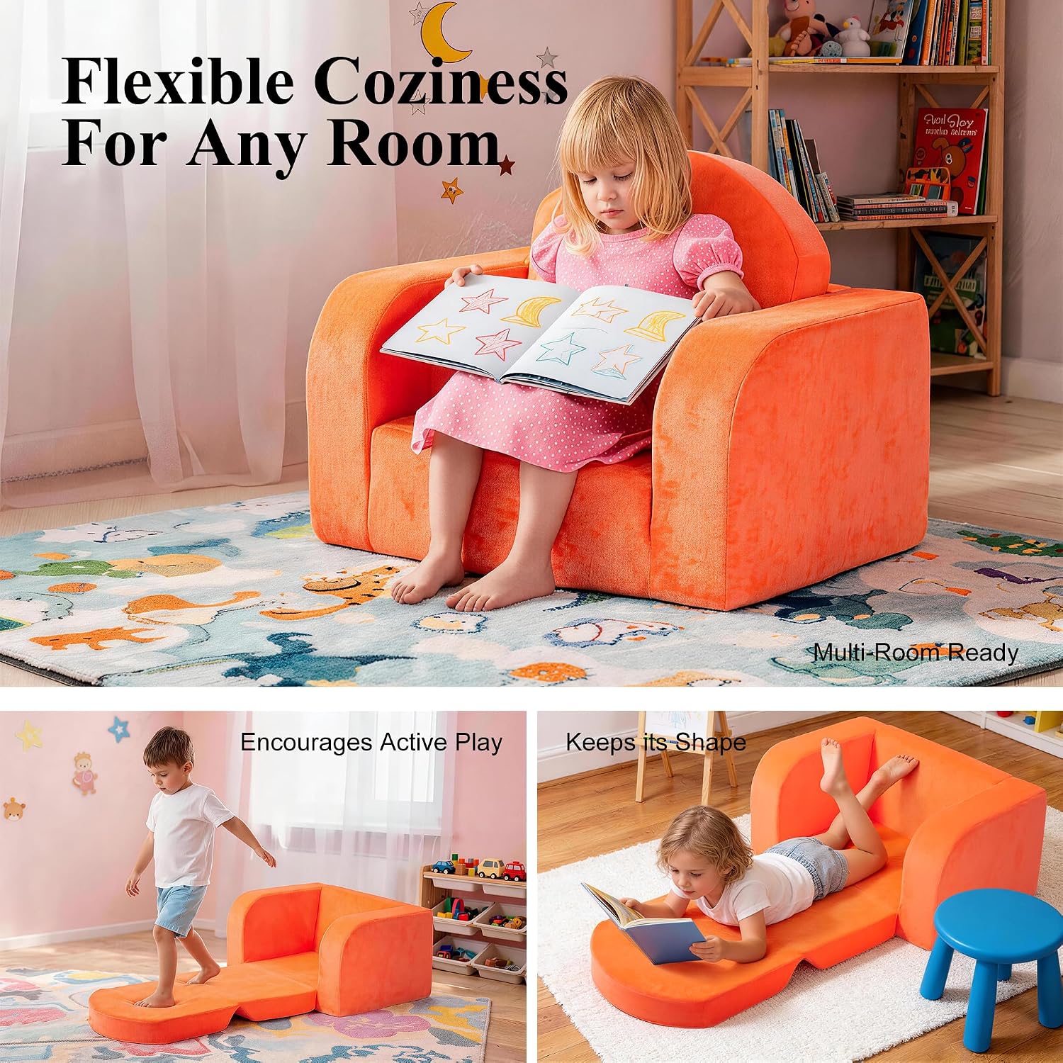 Kids Couch 2-in-1 Foldable Kids Couch, Starry Orange