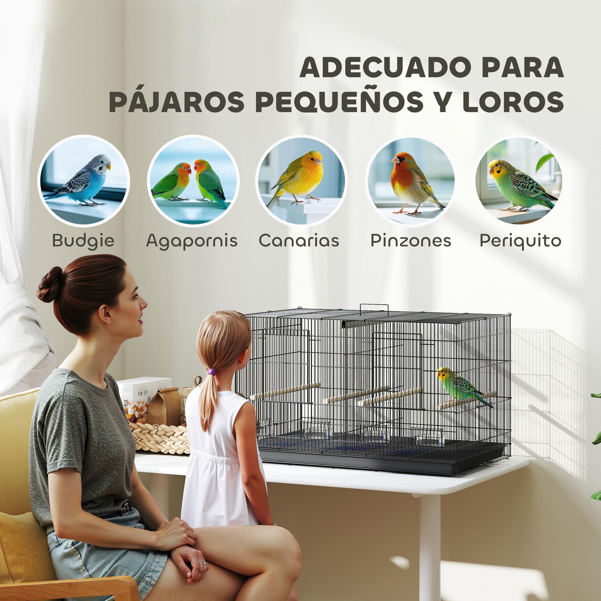 PawHut Jaula para Pájaros con Divisor, 76x46x46 cm, Pajarera con 4 Comederos, 4 Perchas y Bandeja Extraíble, Jaula para Loros, Canarios, Periquitos, Negro