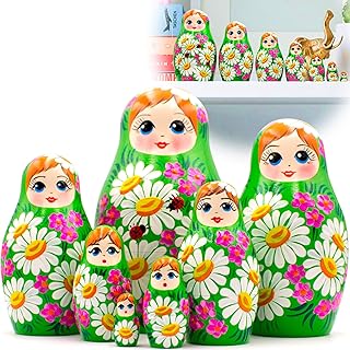 AEVVV Russian Nesting Dolls Set of 7 pcs - Matryoshka Dolls in Summer Dress with Chamomile Flower Decorations - Cottage Core Room Decor - Cute Desk Decor