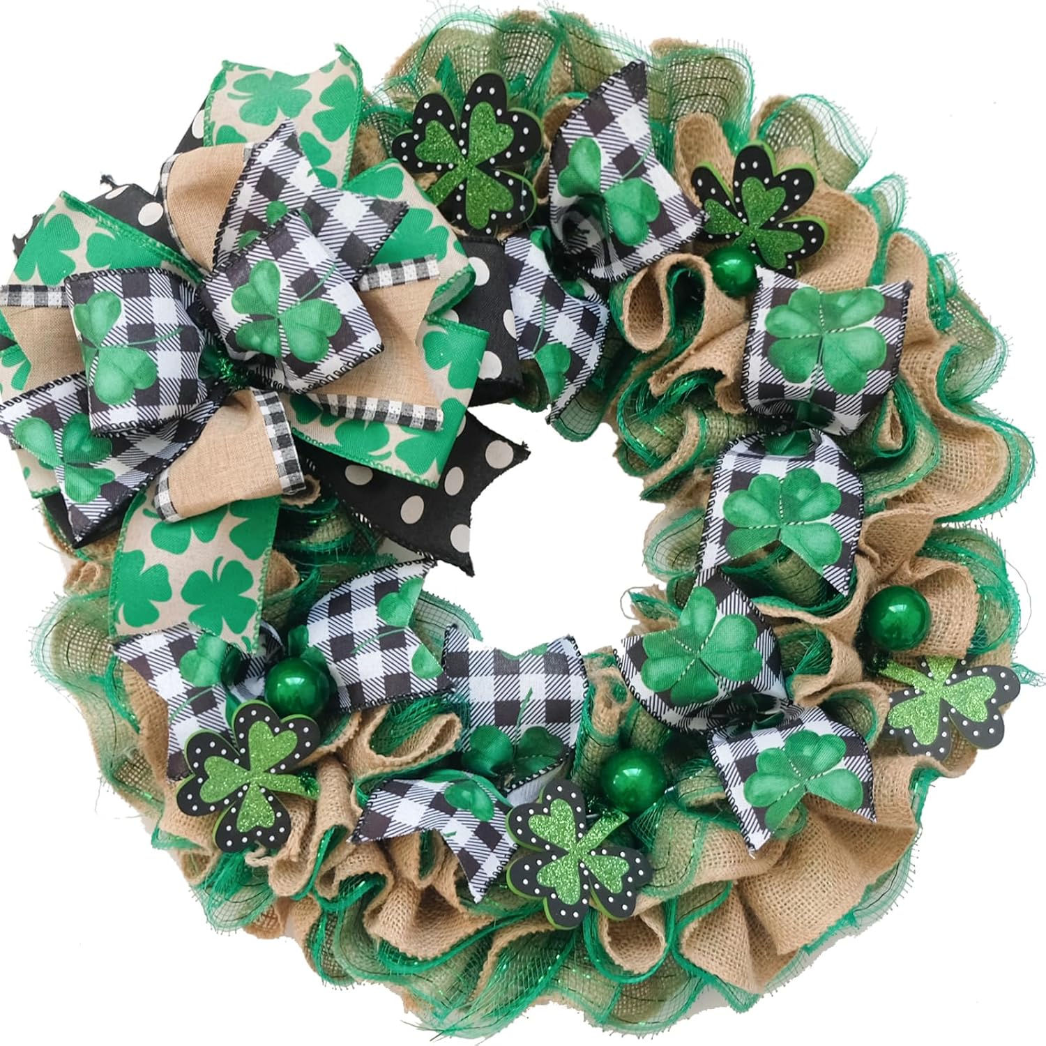 TEMPUS 22 Inch St Patrick's Day Shamrock Mesh Wreath Irish Festival Gold Glitter Ball Wreath with Shamrock Wooden Sign for Home Wall, Porch, Indoor and Outdoor Decorations