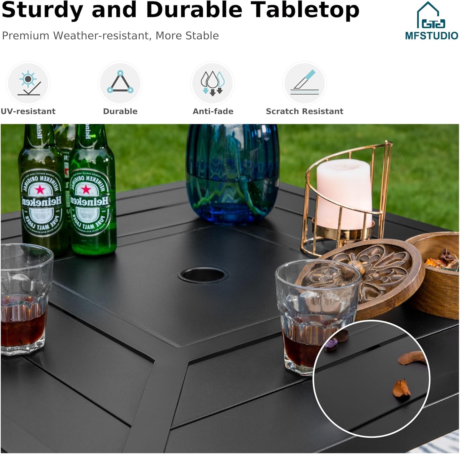 MFSTUDIO 3 PCS Heavy Duty Metal Outdoor Patio Bar Sets, 2 Swivel Counter Height Chairs with Seat & Back Support Cushion, 1 Square Metal Bar Height Table, Adjust Screw Feet, Black