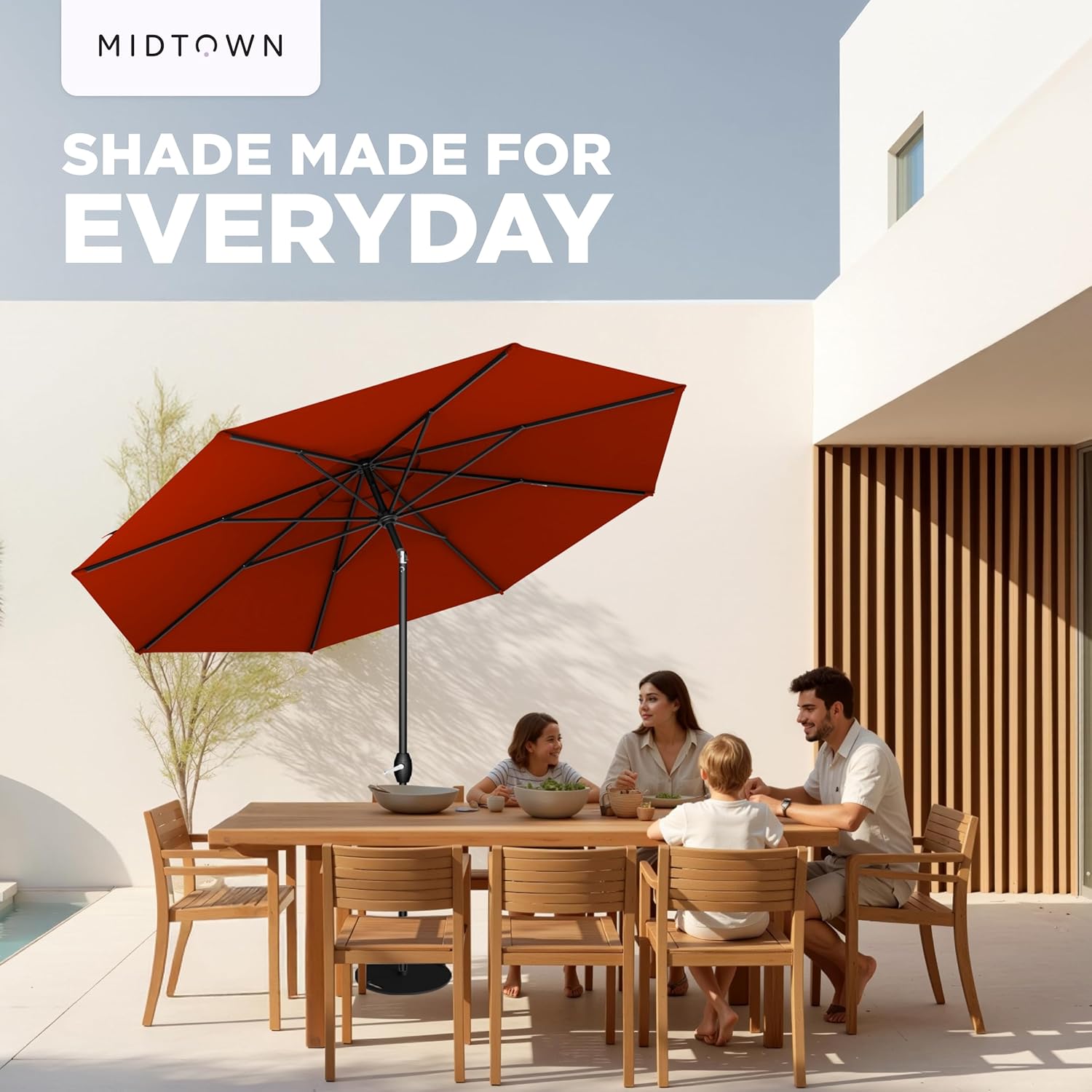 Midtown Umbrellas - 10-Year-No-Fade 9 Ft Patio Umbrella with Terylast Fabric, Auto-Tilt Aluminum Frame and 8 Reinforced Ribs for Deck, Pool, Garden & Beach - Apple Red Canopy, Black Pole