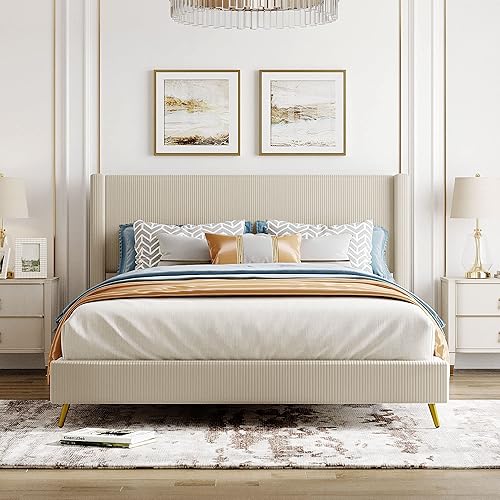 Miniatura 3 de Cama de plataforma de pana tamaño Queen con patas de metal y cabecera tapizada, soporte de listones de madera, no requiere somier (beige/pana)