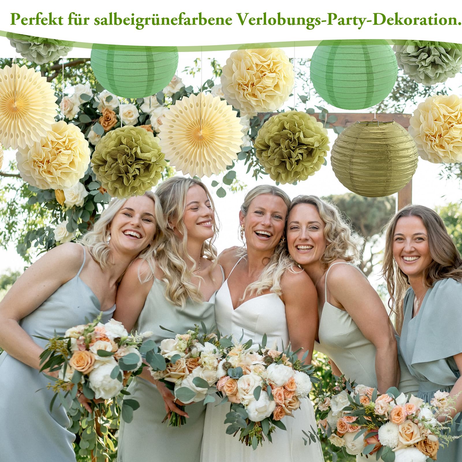 15 pezzi Decorazioni per feste verde salvia e oro, lanterne di carta verde salvia, pompon per matrimoni, fidanzamenti, baby shower, compleanni, feste
