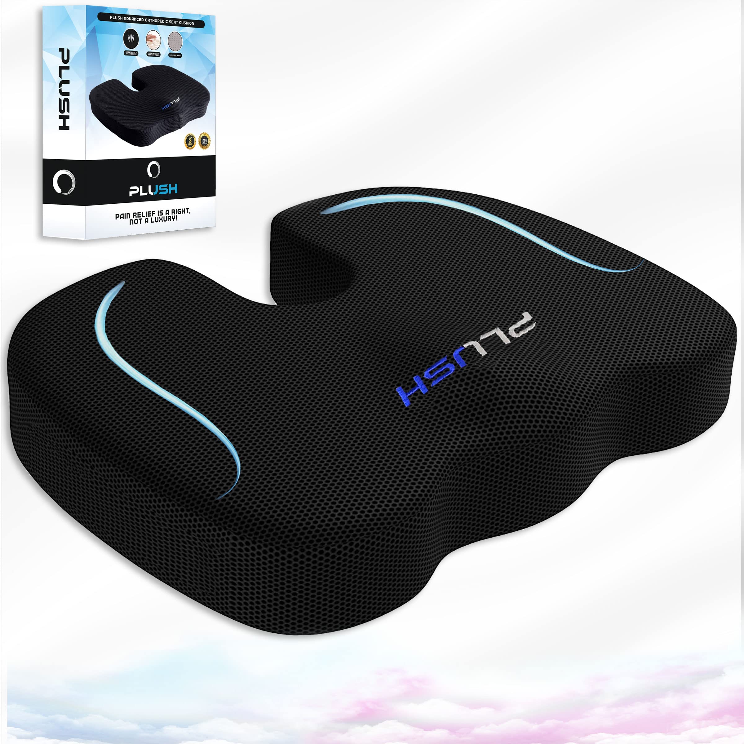 Plush. PLUSH Gel Top Memory Foam Seat Cushion for Chair Ergonomic Cushion Reduces Back Pain and Improves Posture for Home or Office Sit Comfortably Longer