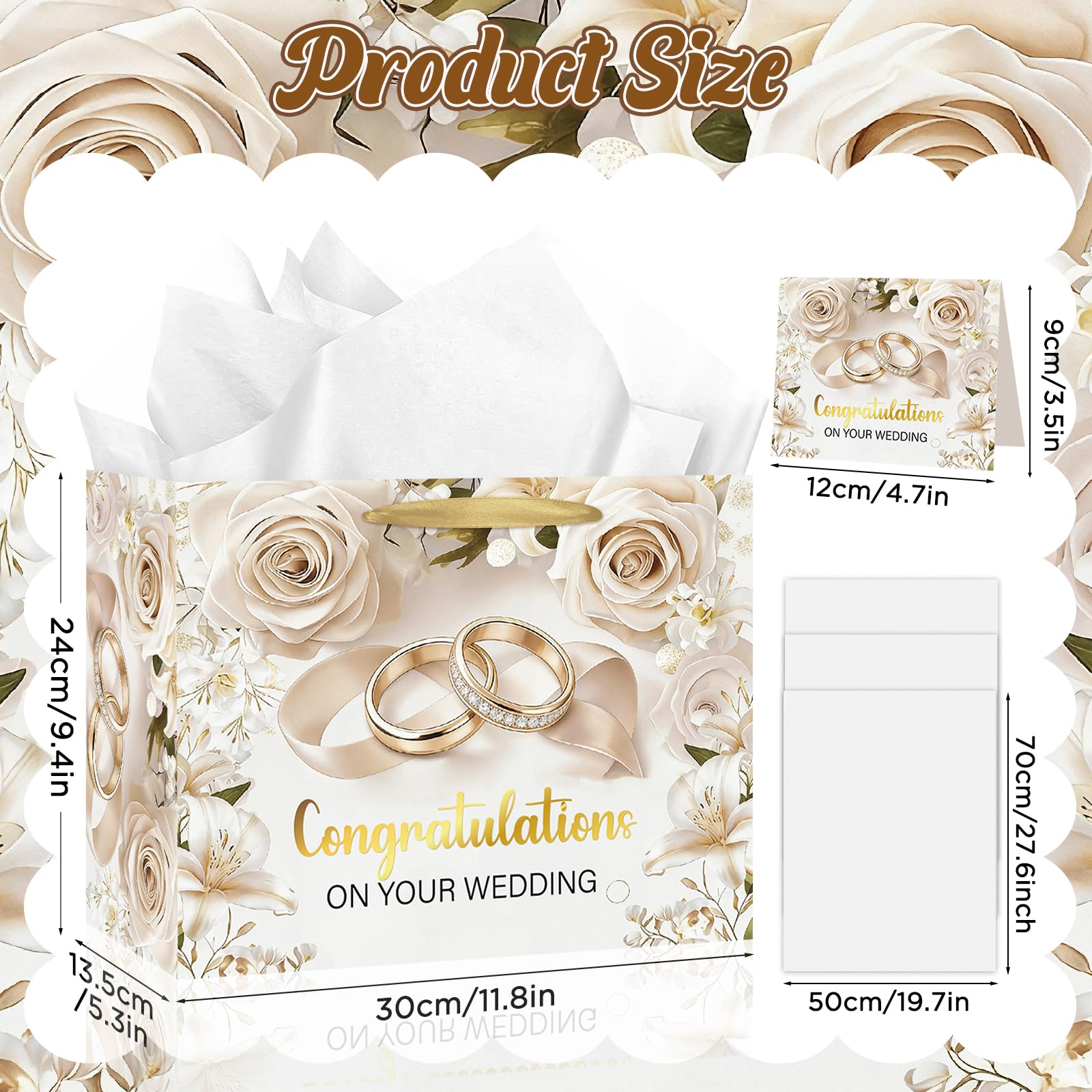 TagreSpike Wedding Gift Bag for Bride and Groom Elegant White Rose & Gold Rings Gift Wrapping Bag with Tissue Paper and Card - Congratulations Present Sack for Bridal Shower, Engagement, Marriage