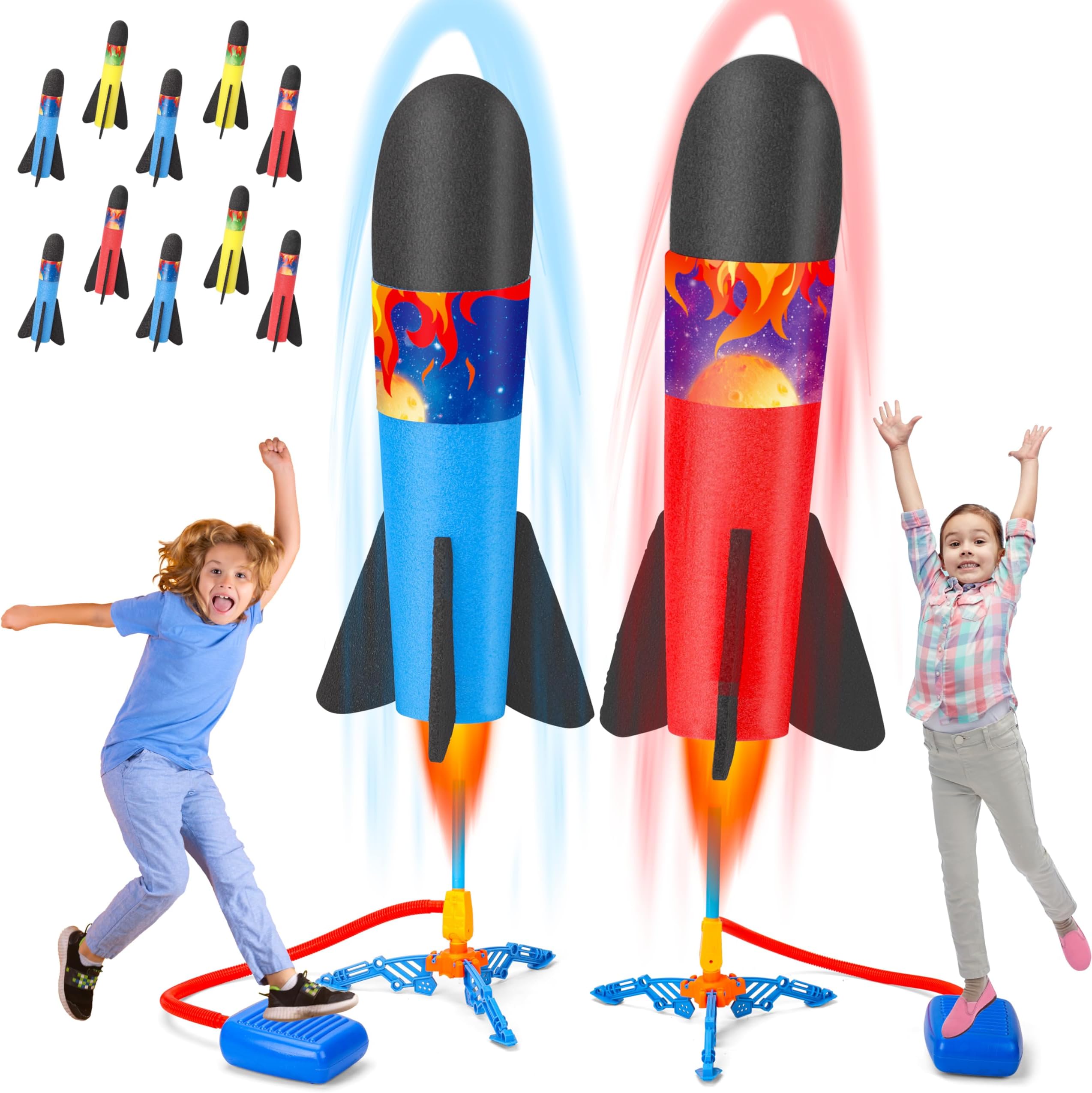 Funwee 2 Pack Toy Rocket Launcher for Kids,Flying Foam Rocket & Jump Air Launching Pad, Fun Outdoor Outside Activitie Sport Game Birthday Gift Idea for Kids Boys Girls Toddler Age 3+ Years