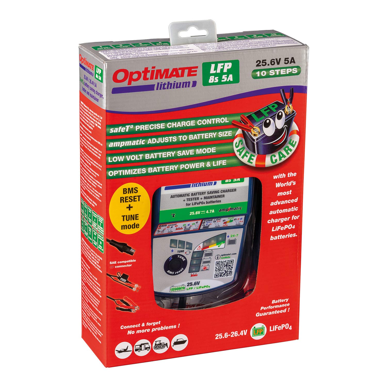 OptiMate Lithium 8s 5A 24V Caricatore Professionale LiFePO4 LFP 25,6V 26,4V con Mantenimento – Programma Automatico 10 Fasi SafeT-start Modalità Tune – Robusto Resistente