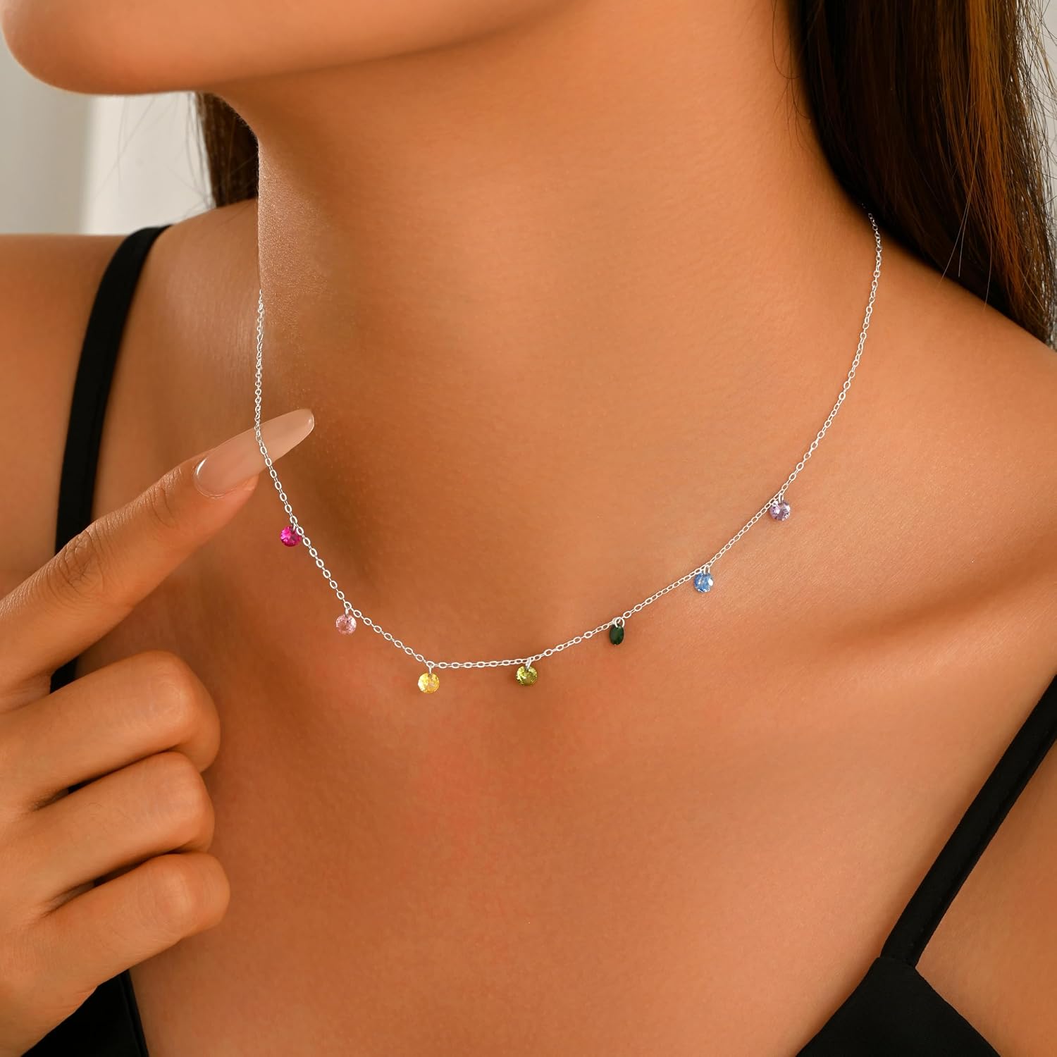 Colorful Crystal Gemstone Necklace for Women 925 Sterling Silver Rainbow Multi Stone Necklace Adjustable Crystal Beaded Birthstone Summer Choker Wedding Birthday Jewelry Gifts for Mother Daughter