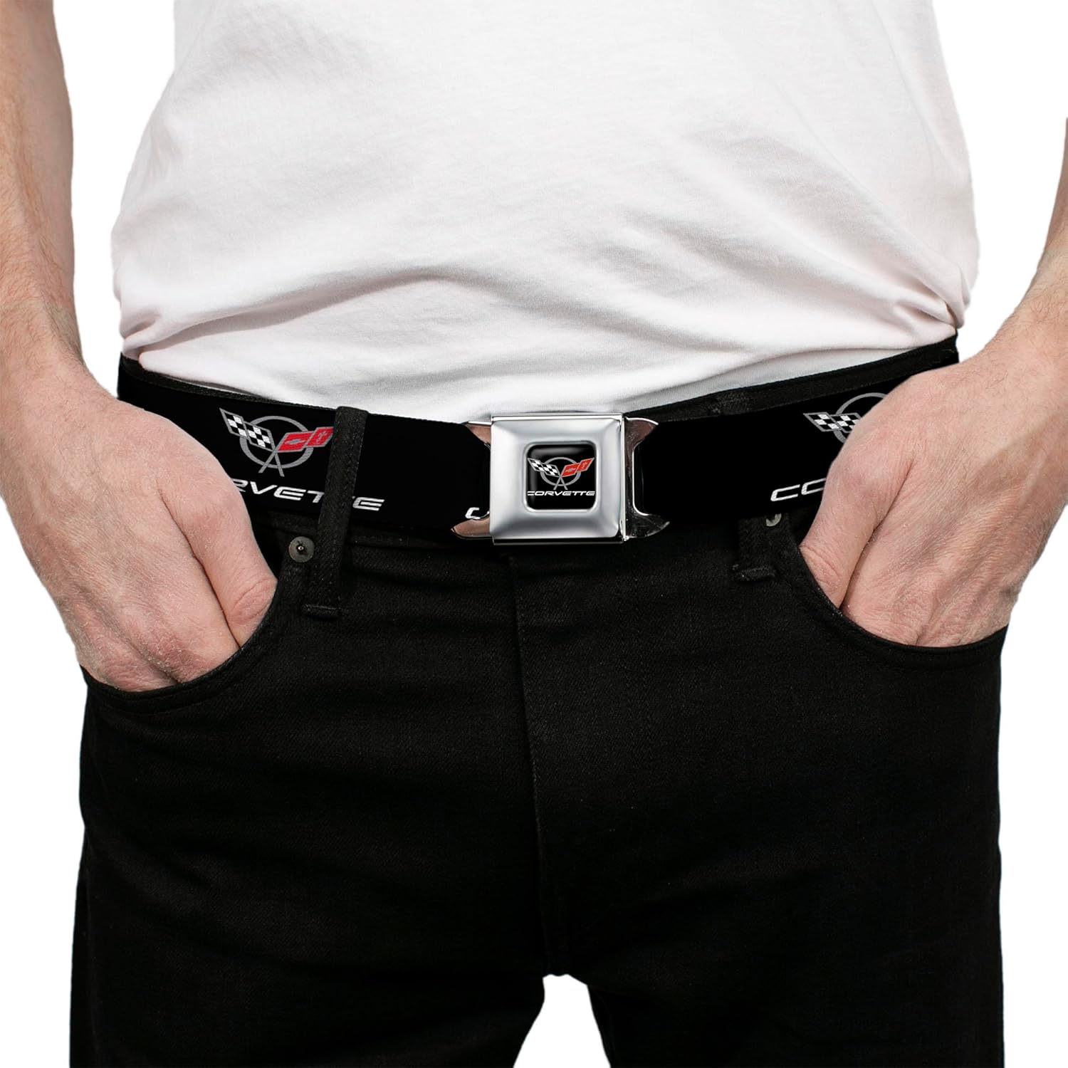 Buckle-Down Seatbelt Belt - CORVETTE C5 Logo Black/Gray/White/Red Repeat