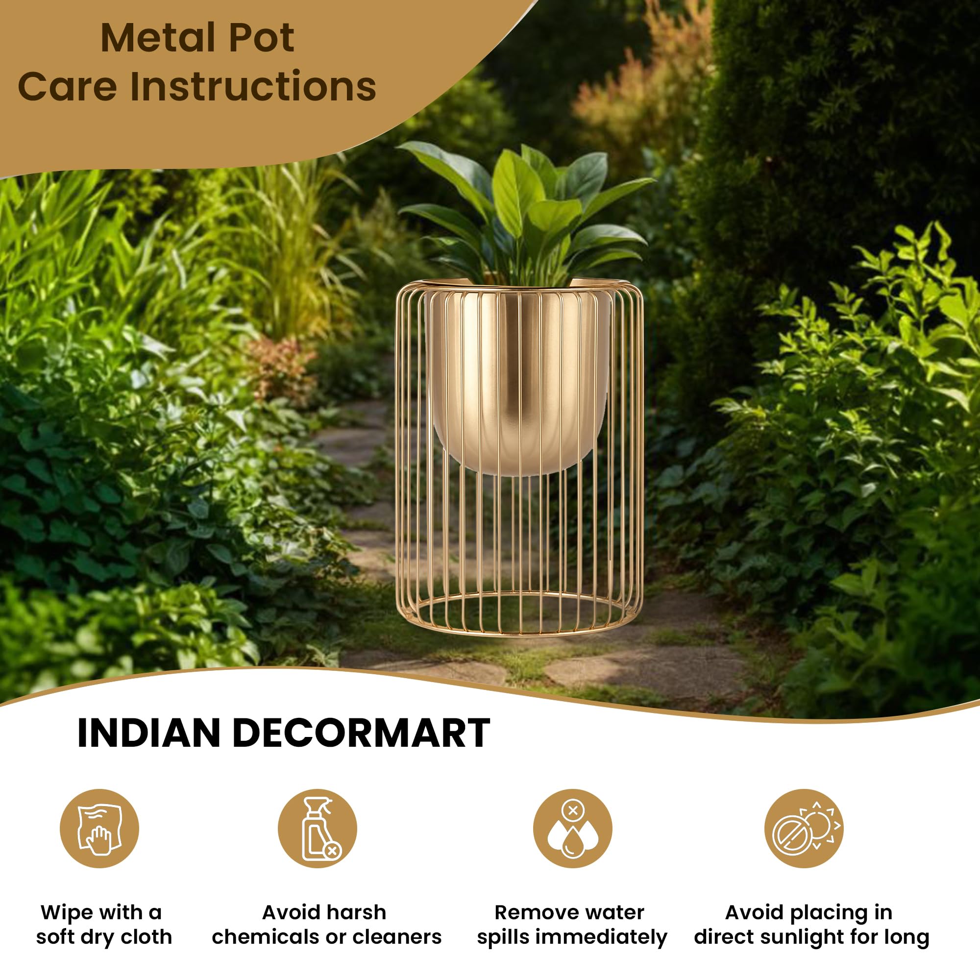 INDIAN DECORMART Modern Gold Metal Planter with Cylindrical Wire Cage Stand | Stylish Indoor Decorative Flower Pot for Home and Office Decor | Decorative Item for Living Room 3