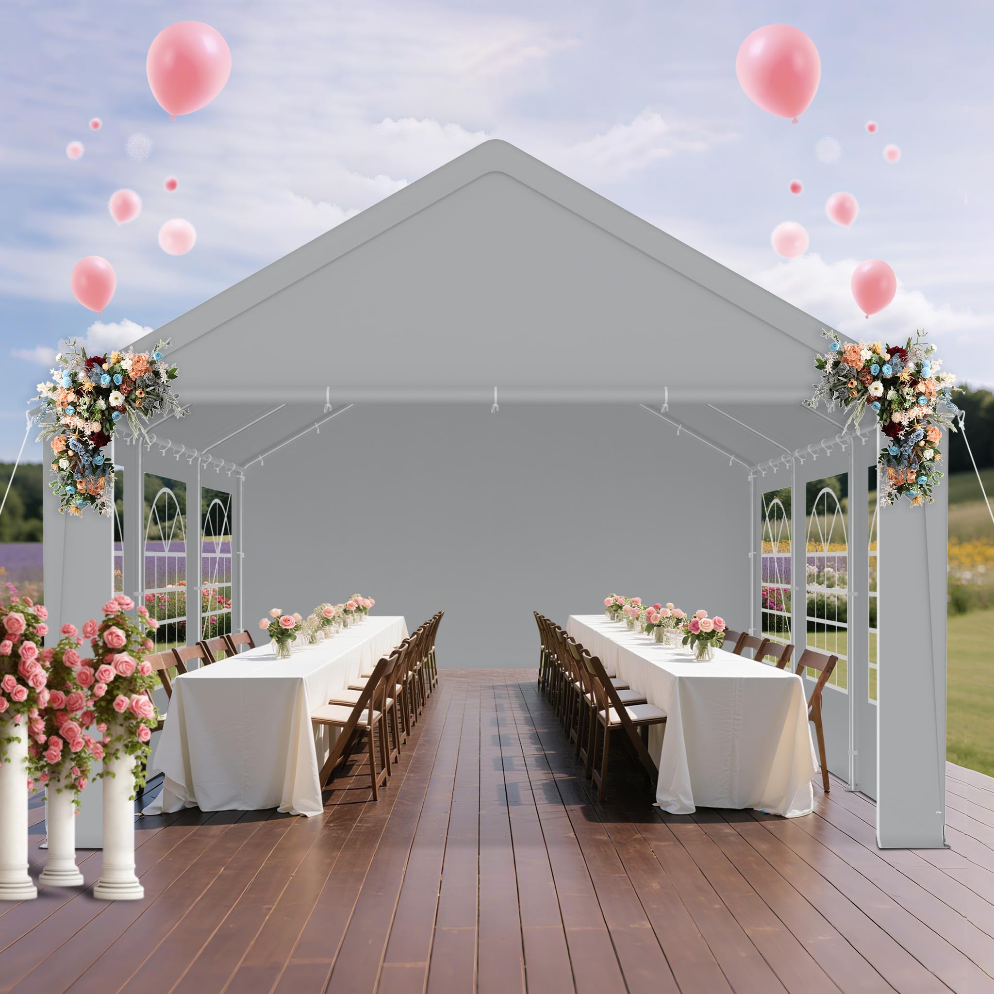 LZQ Tonnelle 4 x 6 m avec bâche de toit en polyéthylène 170 g/m², parois latérales fenêtre, tente de jardin réception, 4 x 6 m acier galvanisé, protection UV, pergola