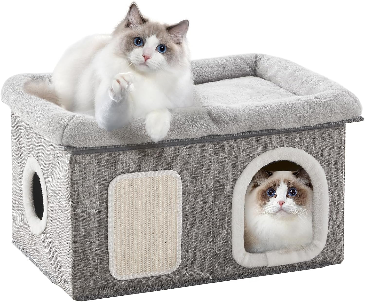 WINDRACING Extra Wide Foldable Cat House Bed with Scratch Pad - Indoor Cat Cave Hideaway Condo for Kittens, 24.4x16.9x14.2in, Light Grey