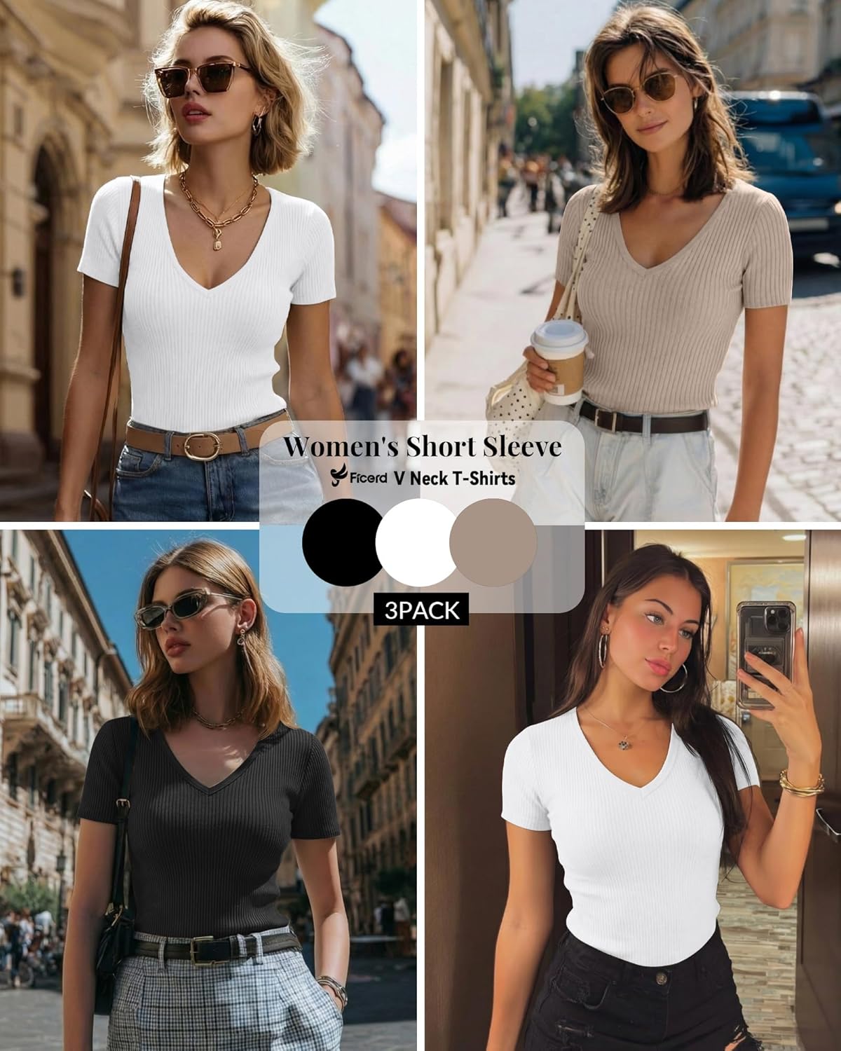 Ficerd 3 Pack Women's Short Sleeve Cotton T-Shirts V Neck Ribbed Slim Fit Tops Ladies' Casual Summer Basic Tee - Image 2