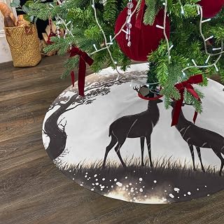 Grassland Sunset Elk Lovers Christmas Tree Skirt,48 Inch Xmas Tree Ornaments Tree Silhouette Large Round Trees Mat for Indoor Outdoor Holiday Party Decorations