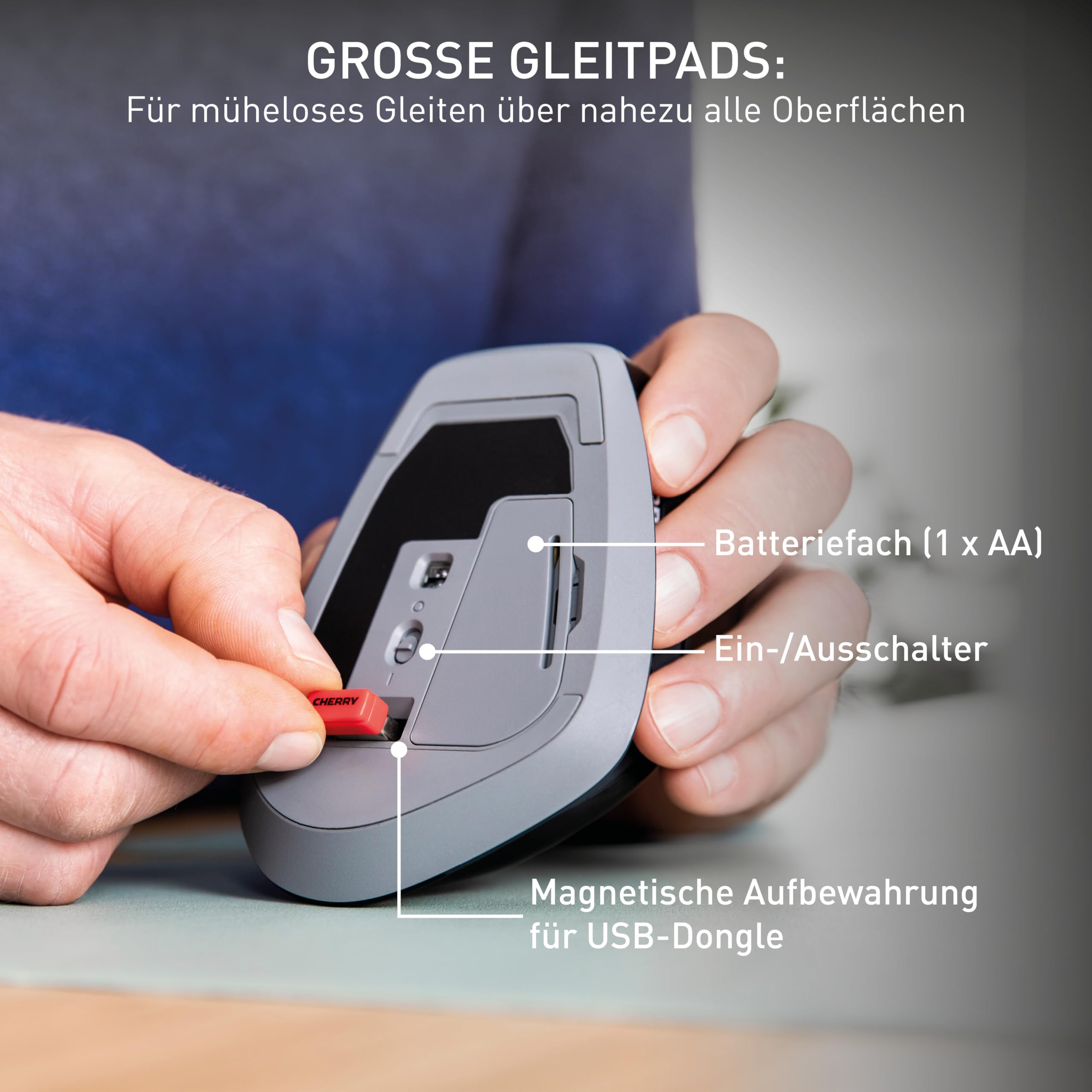 CHERRY Stream Mouse Comfort, Kabellose Ergonomische Maus, Schwarz