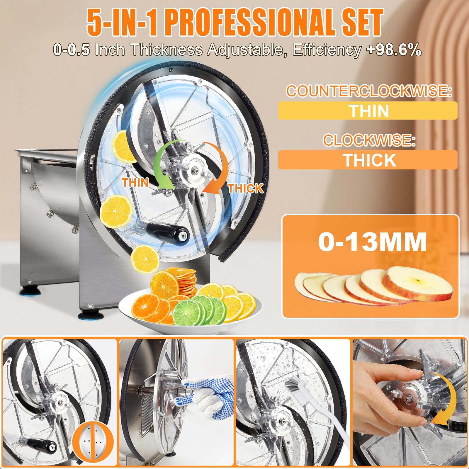 Affettatrice commerciale per verdure – Spessore regolabile manuale 0,2 – 13 mm, in acciaio inox, affettatrice per limoni, pomodori, con 2 lame extra per affettare verdure, pomodori, cipolle, patate,