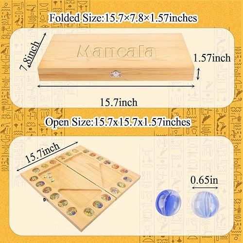 Miniatura 3 de Juego de mesa Mancala para 4 jugadores, tablero de Mancala plegable de madera maciza con piedras de vidrio multicolor, juego de estrategia de viaje