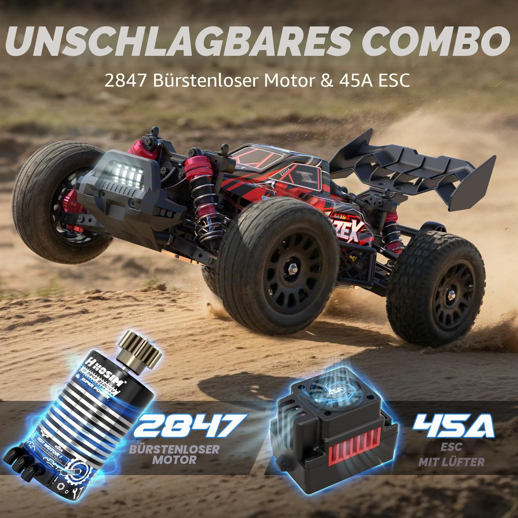 Hosim 1/14 RC Auto Ferngesteuertes Auto für Erwachsene & Kinder, 60 km/h Brushless Buggy 4WD Offroad, Wasserdichtes High-Speed RC Fahrzeug für Gelände/Sand/Schnee, Geschenk ab 8 Jahren