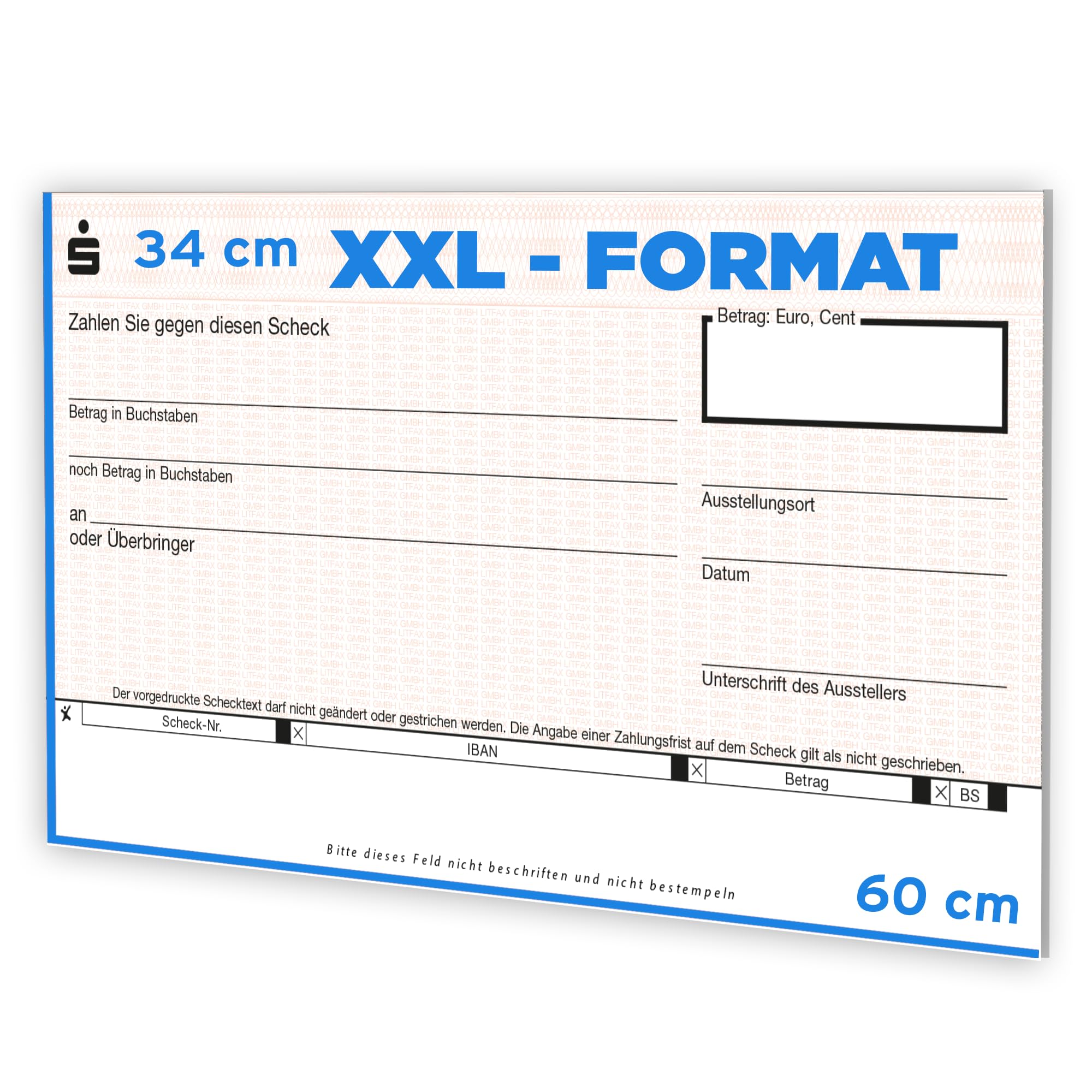 Litfax Spendenscheck XXL - Sparkasse Bankenscheck, 60x34 cm (10er Pack) - Stärke 3mm - Flexibel beschreibbar - Witterungsbeständig - PR Scheck - Riesenscheck - für Veranstaltungen - Scheck Groß