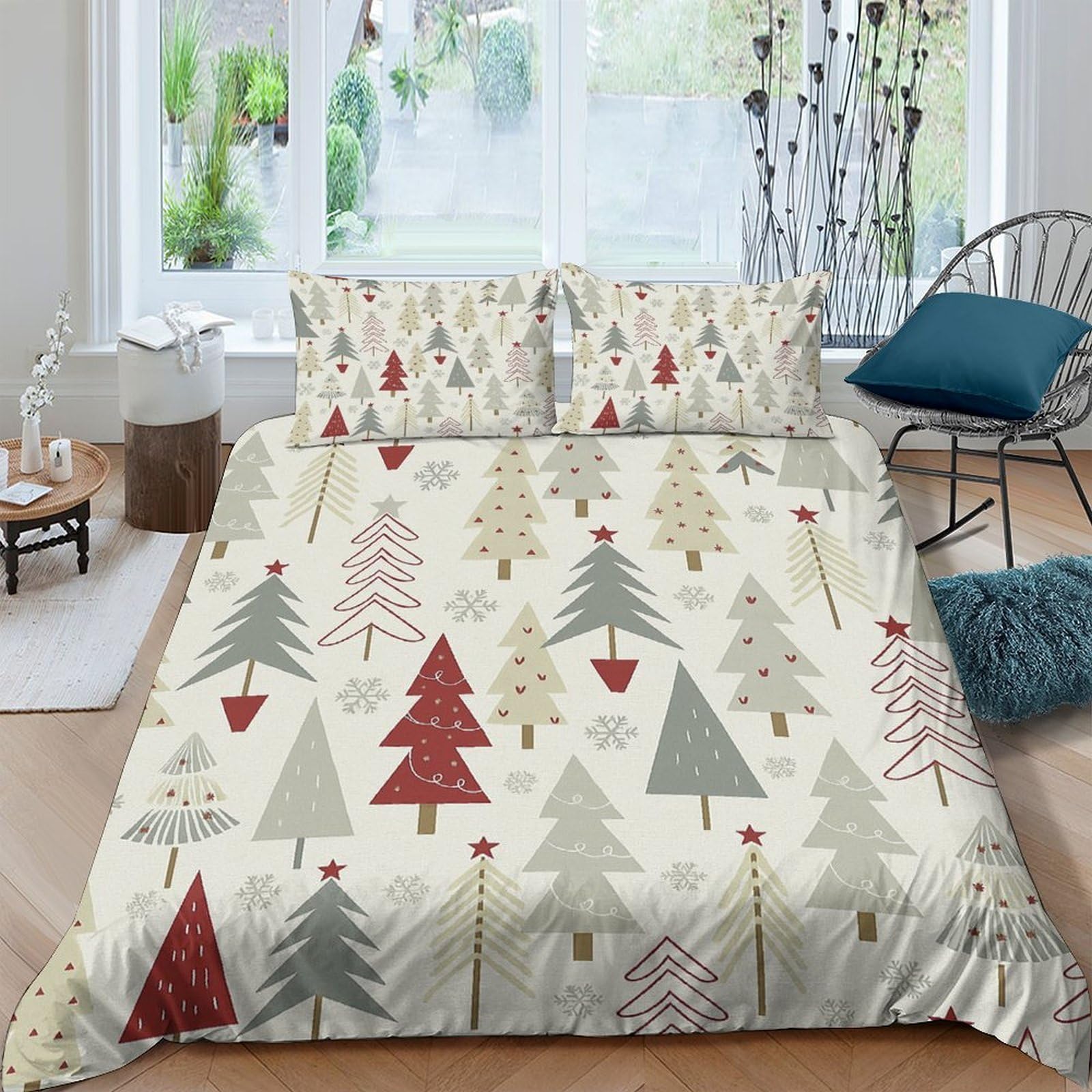 TUFRTGYHN 3D Printed Christmas Tree Duvet Cover Microfiber Soft Festive Forest Quilt Cover Set with 2 Pillowcases for Bedroom Decoration, Single（135x200cm）