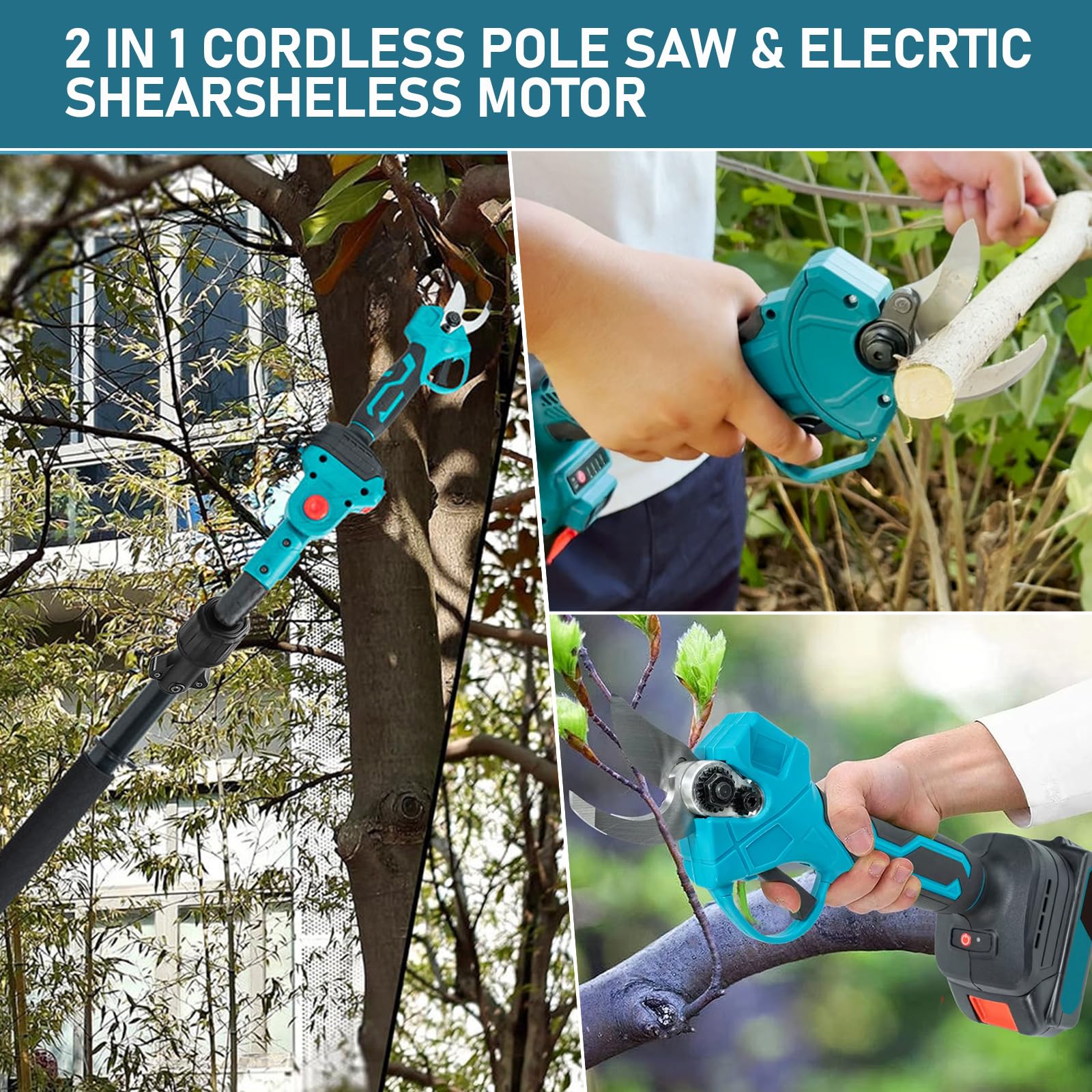 Kit 4-en-1 Sécateur et Tronçonneuse sans Fil, Mini Tronçonneuse sans Fil 6" avec 2 Batteries 4.0Ah & Chargeur, Ébrancheur sans Fil avec Manche Télescopique, Scie à Branches Électrique pour Jardin