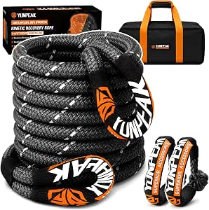 1.26" x 30ft Kinetic Recovery Rope with 56,000 lbs Break Strength and 2 Soft Shackles