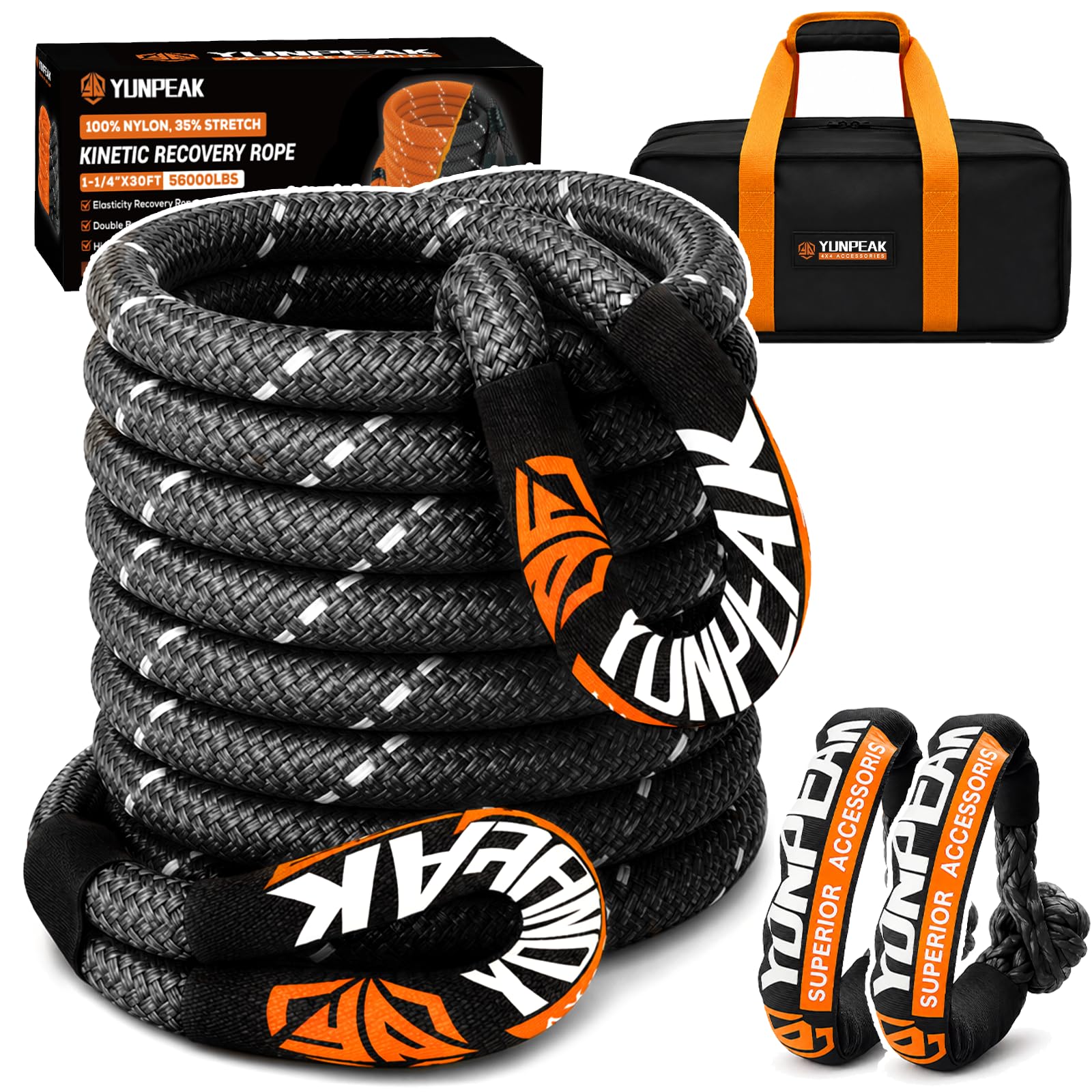 Kinetisches Abschleppseil (25,4 kg), Robustes Offroad-Wiederherstellungsseil mit 2 weichen UHMWPE-Schäkeln (25,4 kg), Abschleppseil-Set für LKW, SUV, UTV, ATV, Traktor, Auto, Jeep, Schwarz,