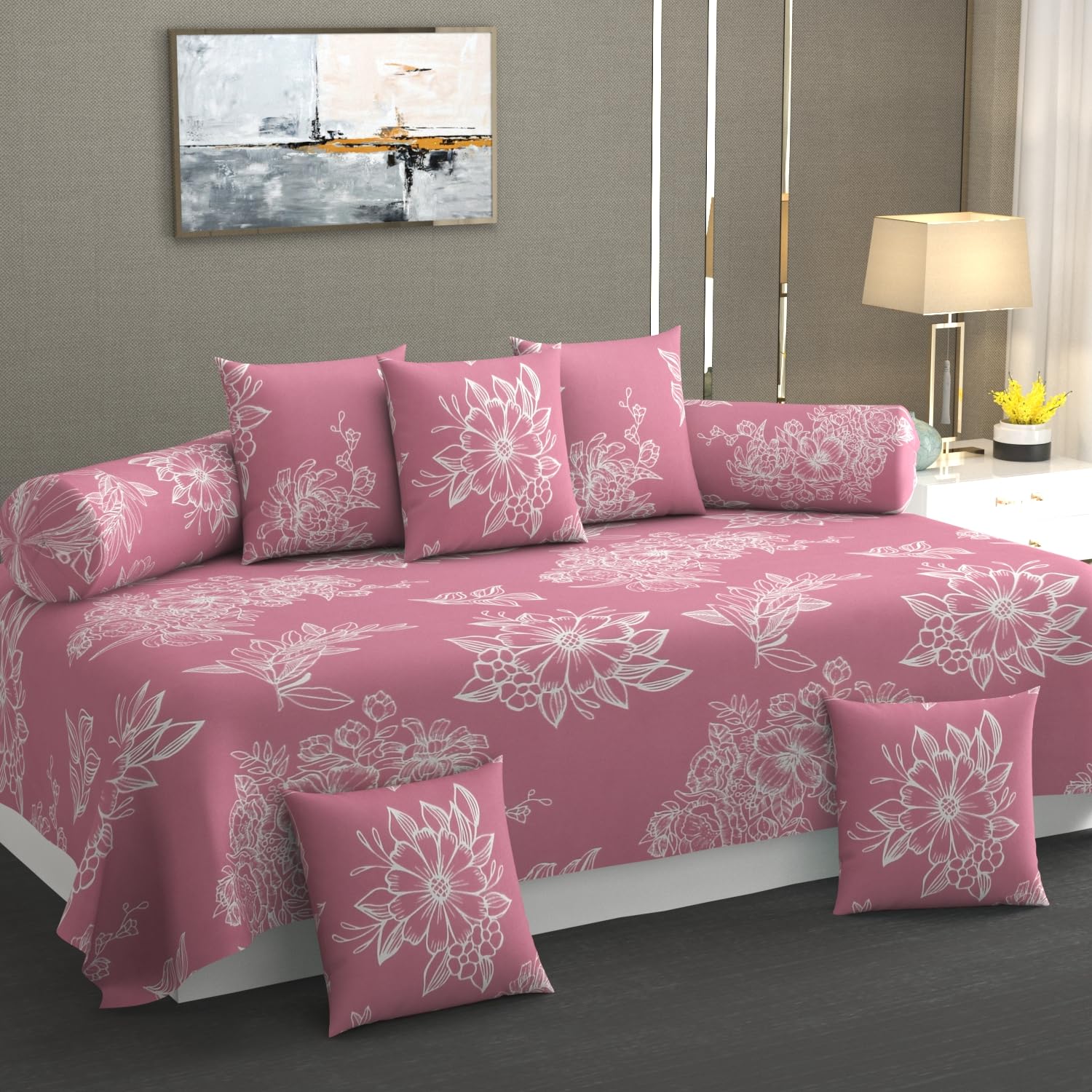 Home Soft Cotton Feel Diwan Set with 8 Pieces, 1 Single Bed Sheet with 5 Cushion Covers with Zipper and 2 Bolster Covers (diwan Cover Size 90x60 Inches)