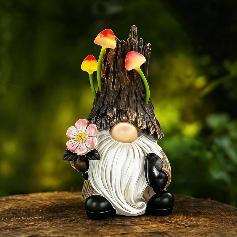 Solar Garden Gnome Statue Outdoor Decor with Mushroom Light | Waterproof, Windproof, for Yard/Patio/Lawn, Gift for Mom & Women