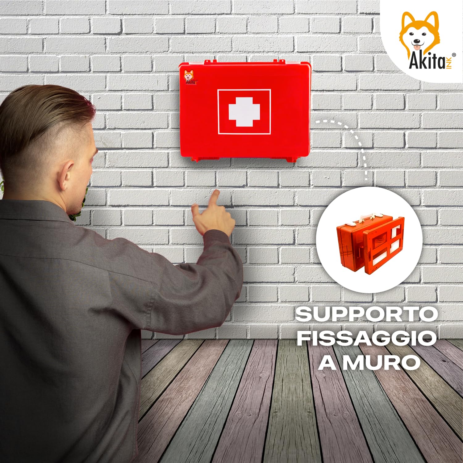 Akitaink Cassetta medica pronto soccorso con ALLEGATO 2 per aziende meno 3 dipendenti completa di staffa a muro, Conforme DM388/DL81, Made in Italy