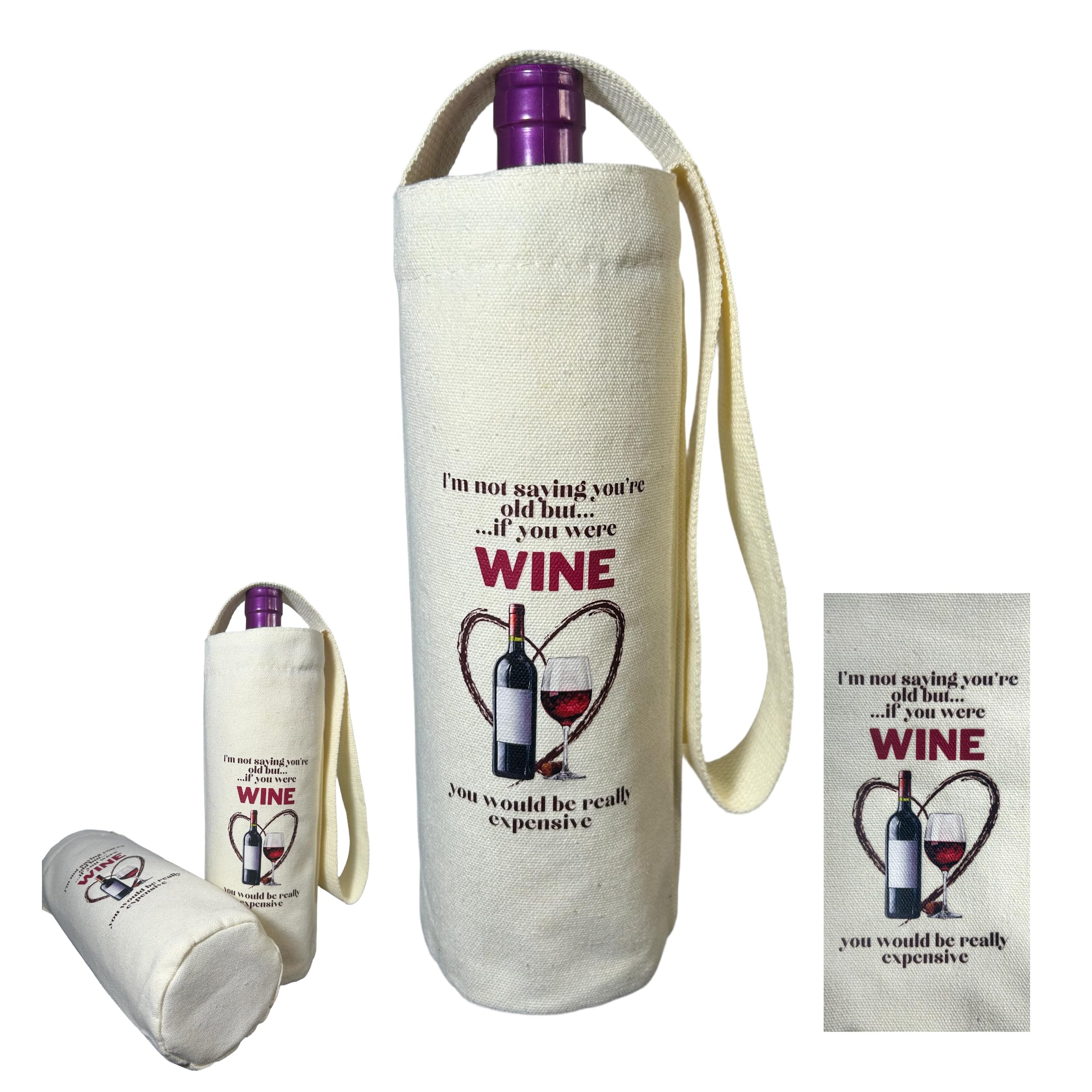 Funny Wine Gift Bag with Handles. Reusable Canvas Wine Bottle Bag. Decorative & Travel-Friendly