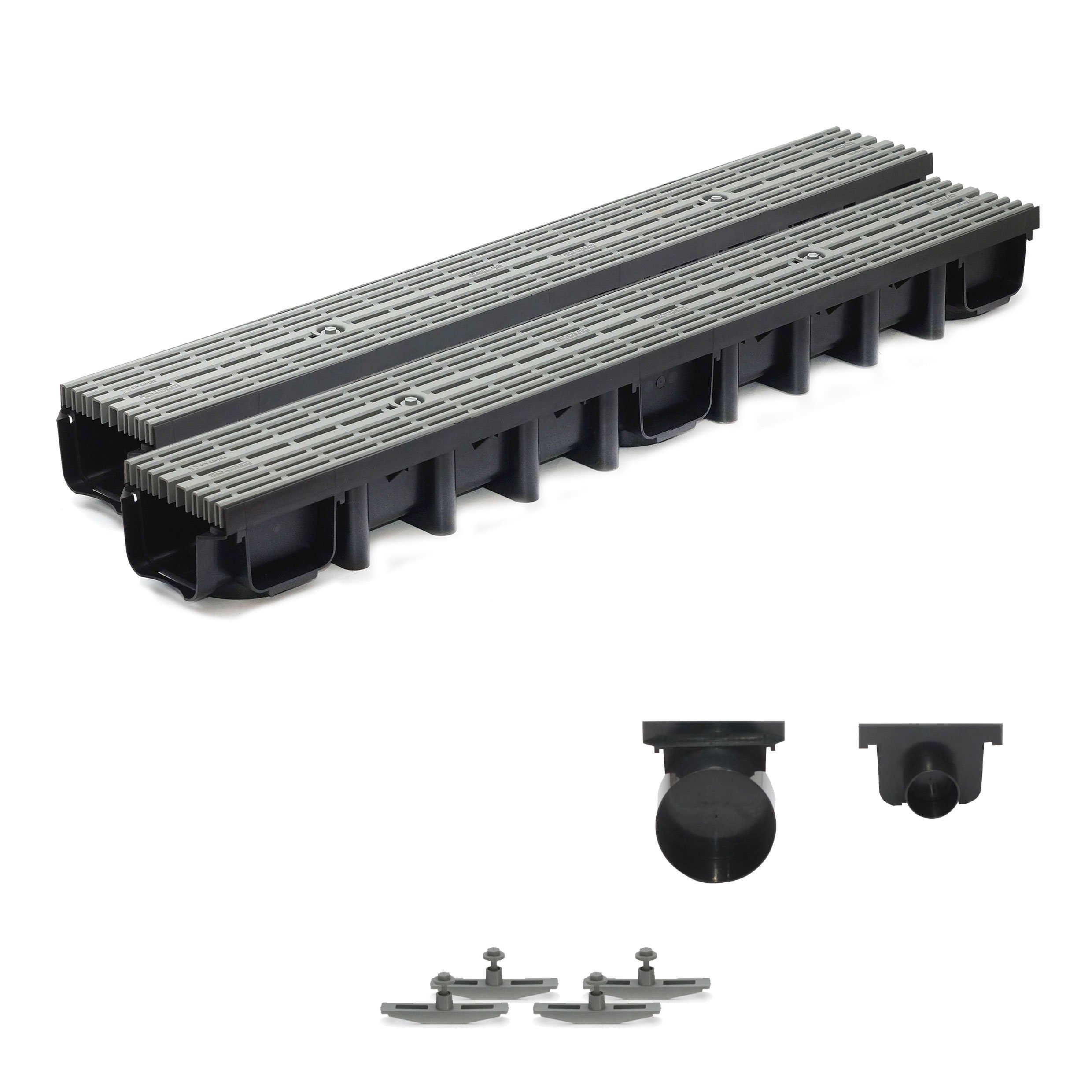 2m Entwässerungsrinne für modulares System A15 98mm, komplett Stegrost Kunststoff, Grau Line