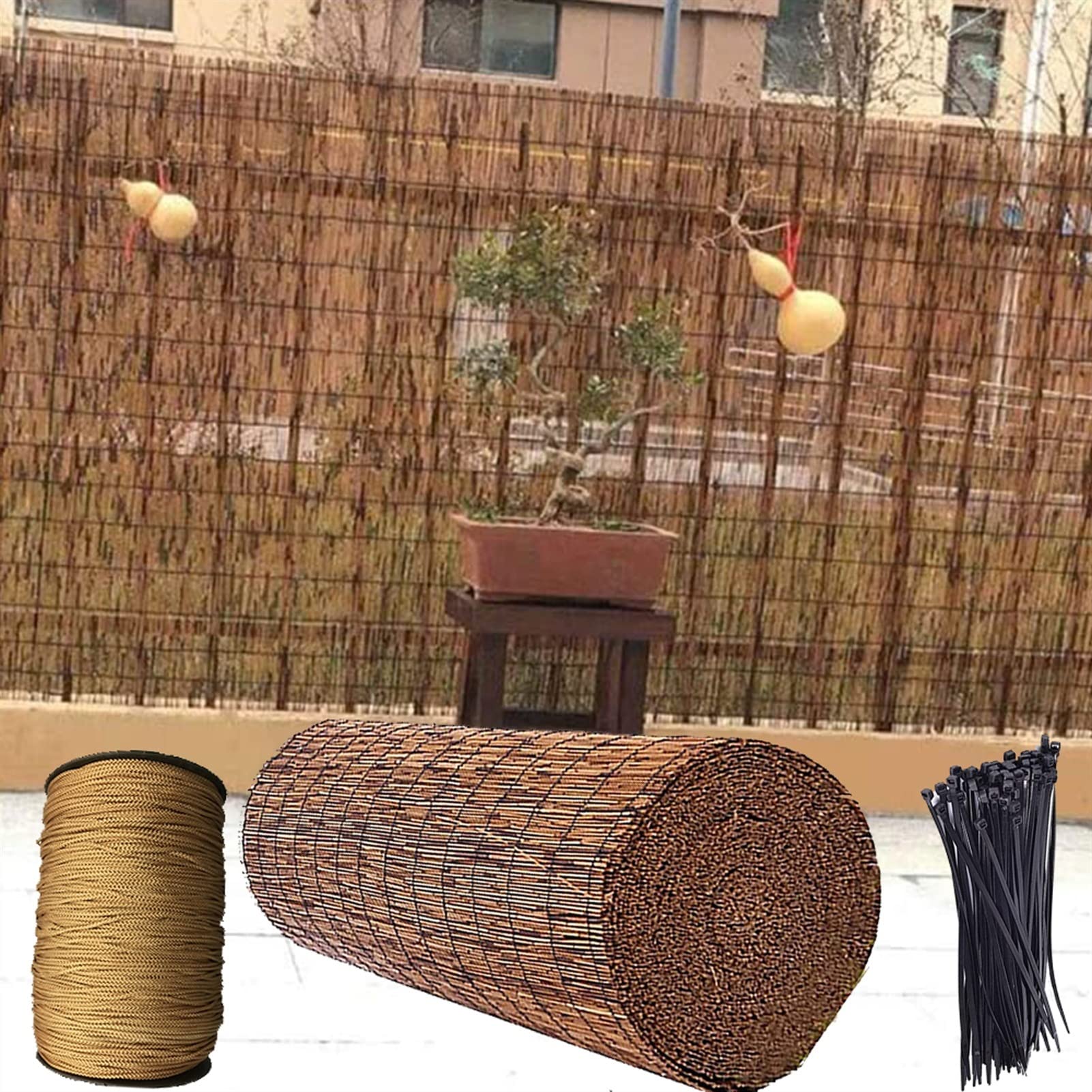 Yufenj Balcony Reed Fence Roll, Retro Roller Blinds, Patio Privacy Screen, Bamboo Fence, Sun Shade Waterproof, Uv Protection,for Garden, Patio, Villa, Restaurant, Hotel decorative